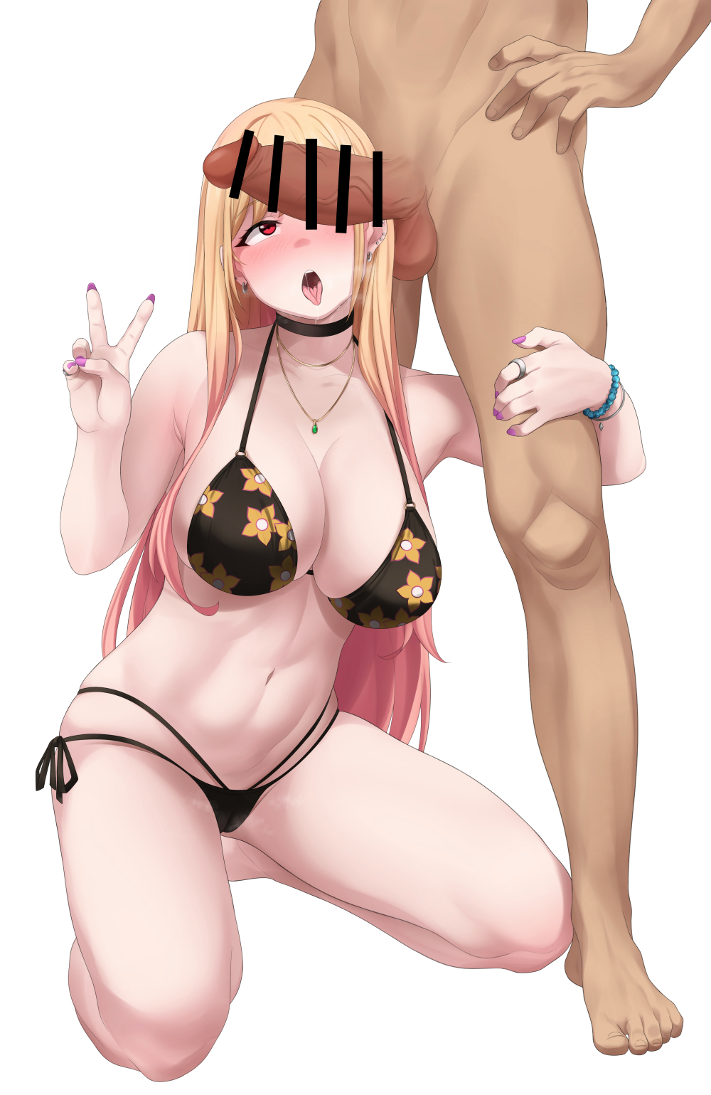 1boy 1girls :o ahe_gao balls big_breasts bikini blonde_hair blush breasts censor_bar censored choker female fringe gyaru imminent_oral kitagawa_marin kneeling long_fingernails long_hair looking_at_penis necklace oral peace_sign penis penis_awe penis_on_face petite pink_eyes red_hair sockinajar sono_bisque_doll_wa_koi_wo_suru standing testicles thighs tongue_out two_tone_hair v