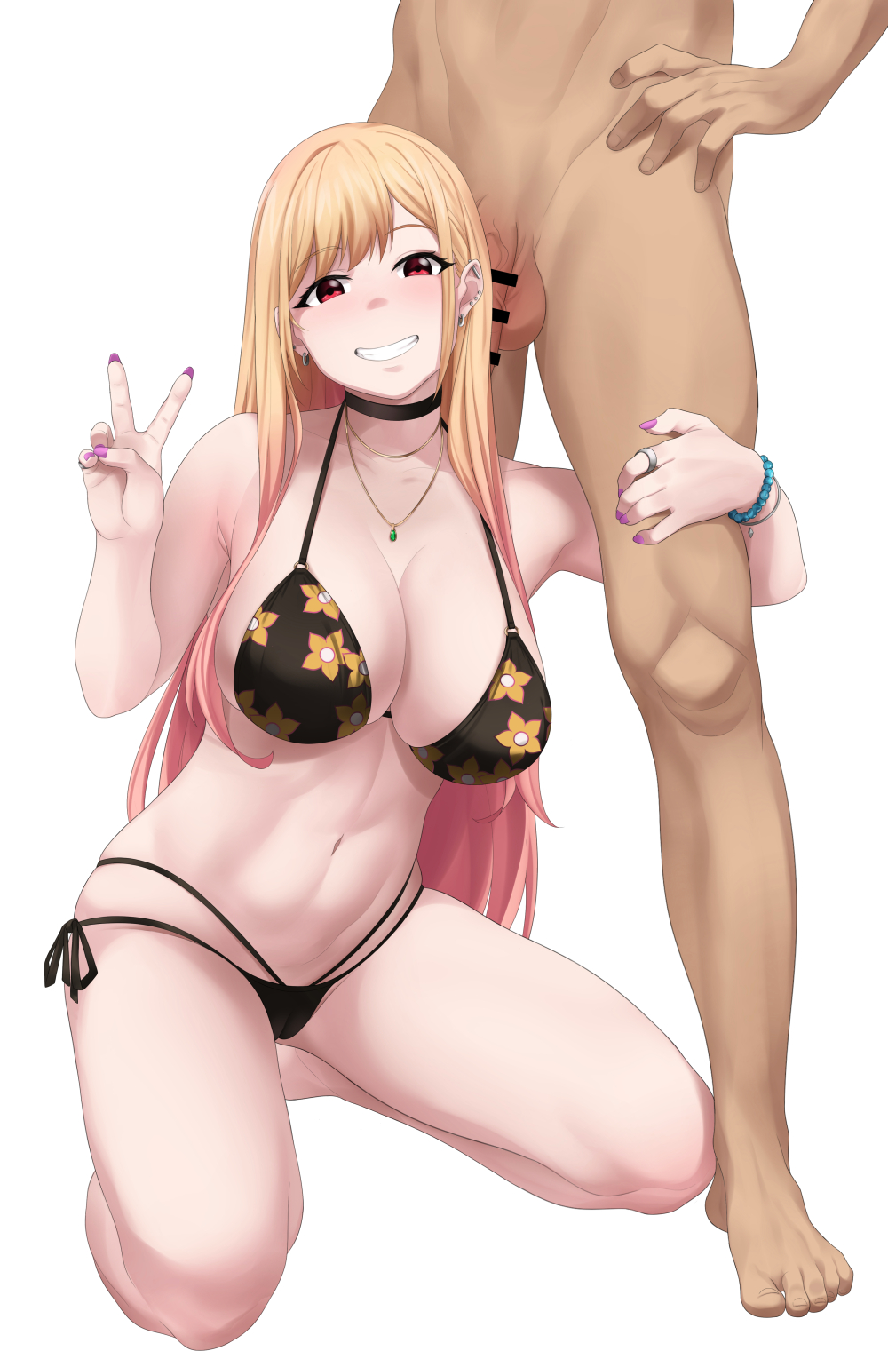 1boy 1girls balls big_breasts bikini blonde_hair blush breasts censor_bar censored choker eye_contact female fringe gyaru imminent_oral kitagawa_marin kneeling long_fingernails long_hair looking_at_viewer necklace oral peace_sign penis petite pink_eyes red_hair smile sockinajar sono_bisque_doll_wa_koi_wo_suru standing testicles thighs two_tone_hair v