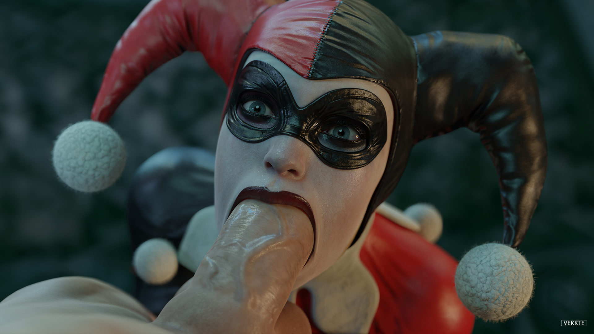 1boy, 1girls, 3d, balls, batman (series), big penis, blowjob, blue eyes, blurry background, cfnm, clothed, clothed female, clothed female nude male, clothed sex, clothes, clothing, clown makeup, completely naked, completely nude, dc, dc comics, deep blowjob, deepthroat, deepthroat no hands, domino mask, duo, eyeshadow, faceless male, facepaint, fellatio, female, female focus, female penetrated, hands-free, harley quinn, harley quinn (classic), harley quinn (injustice), headwear, injustice 2, jester cap, kneeling, kneeling oral position, large penis, light skin, light-skinned female, light-skinned male, lipstick, looking up, makeup, male, male penetrating, male penetrating female, male pov, male/female, mouthful, multicolored clothes, naked, naked male, nude, nude male, nude male clothed female, oral, oral penetration, oral sex, outdoors, outside, pale skin, pale-skinned female, penis, penis in mouth, penis out, pov, red lipstick, sex, testicles, veiny penis, vekkte, wide eyed