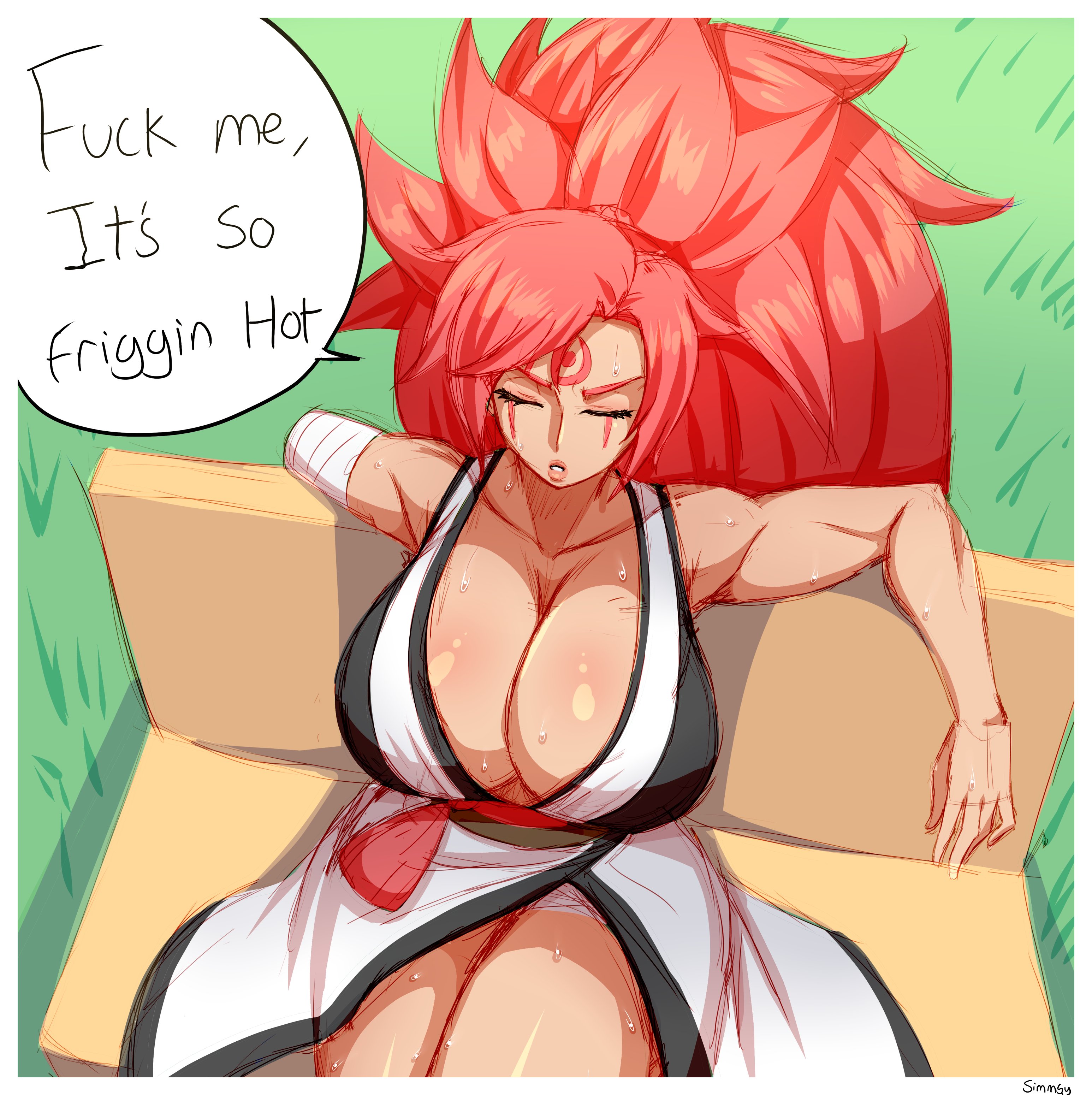 1girls, baiken, breasts, cleavage, female, female only, guilty gear, huge breasts, simmsy, solo, speech bubble, text