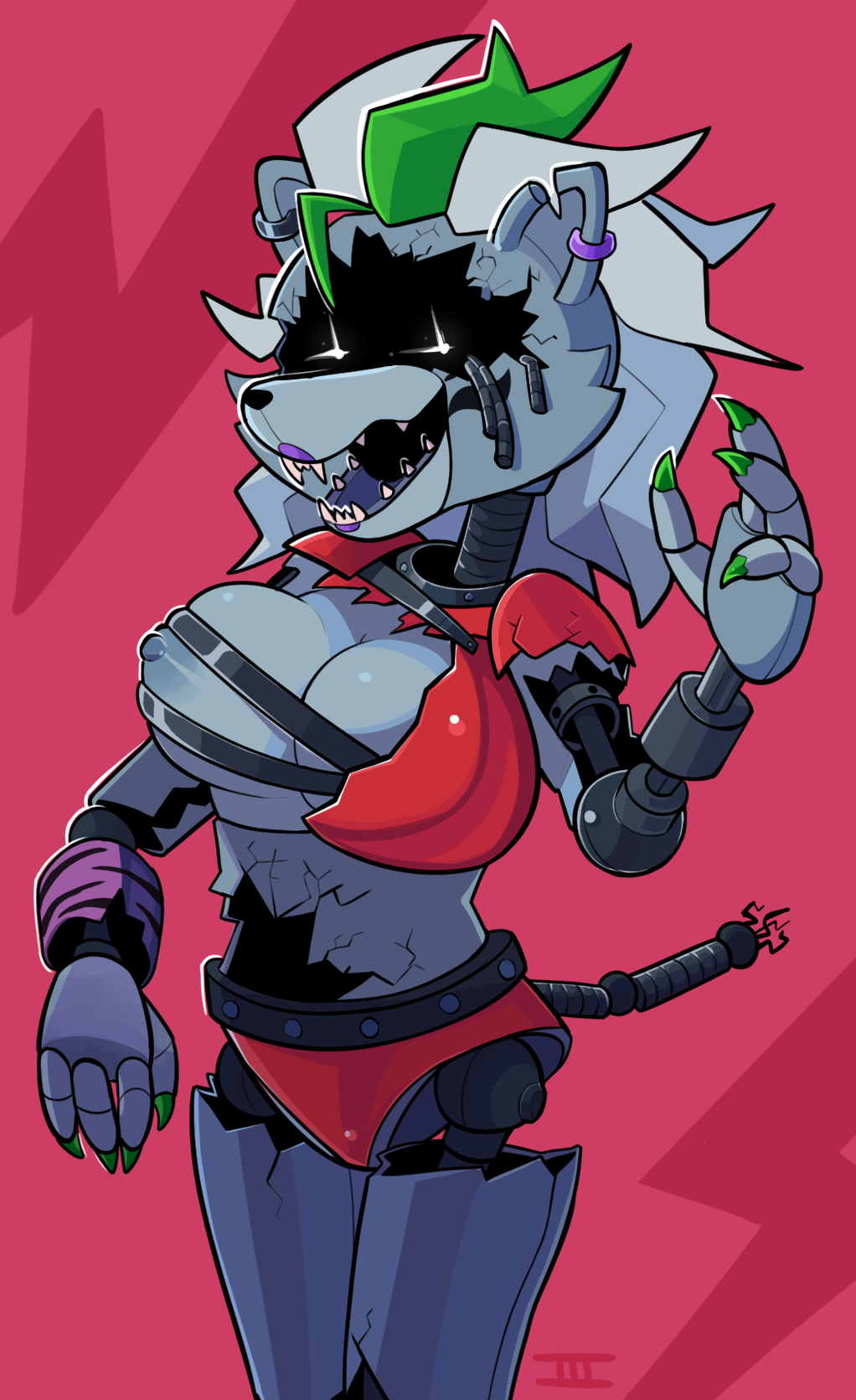 2d 2d_(artwork) 2d_artwork animatronic anthro big_breasts breast_squish breasts broken canid canine canis clothing duckoiii ear_piercing exposed_endoskeleton female five_nights_at_freddy's five_nights_at_freddy's:_security_breach fnaf hi_res machine mammal piercing robot roxanne_wolf_(fnaf) scottgames sharp_teeth shattered_roxanne_wolf solo squish steel_wool_studios teeth torn_clothing video_games wolf