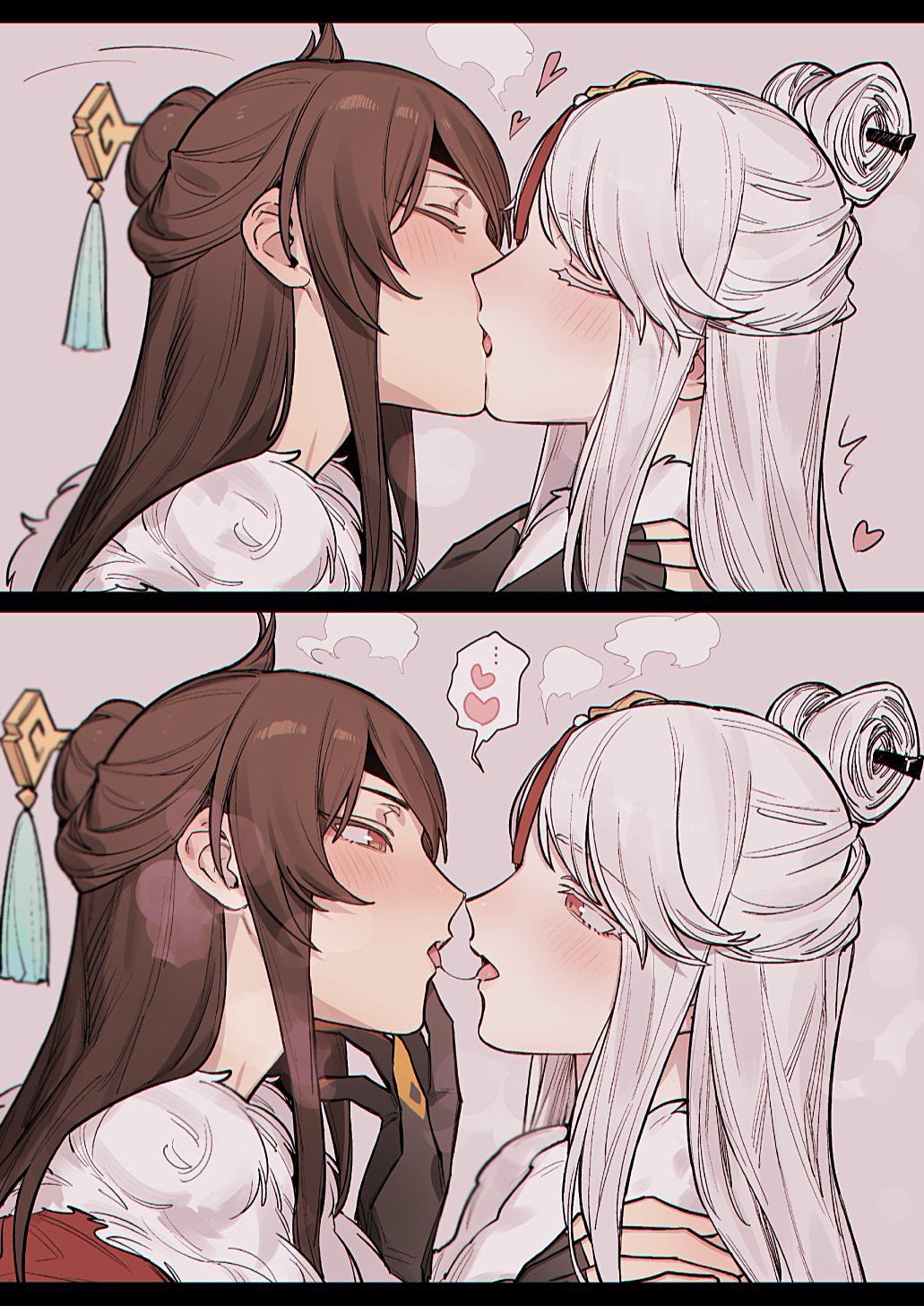 2girls, beidou (genshin impact), brown hair, closed eyes, comic, female, female only, french kiss, french kissing, genshin impact, heart, hi res, ikarin, kissing, ningguang (genshin impact), open mouth, red eyes, saliva, saliva string, tongue, tongue out, white hair, yuri