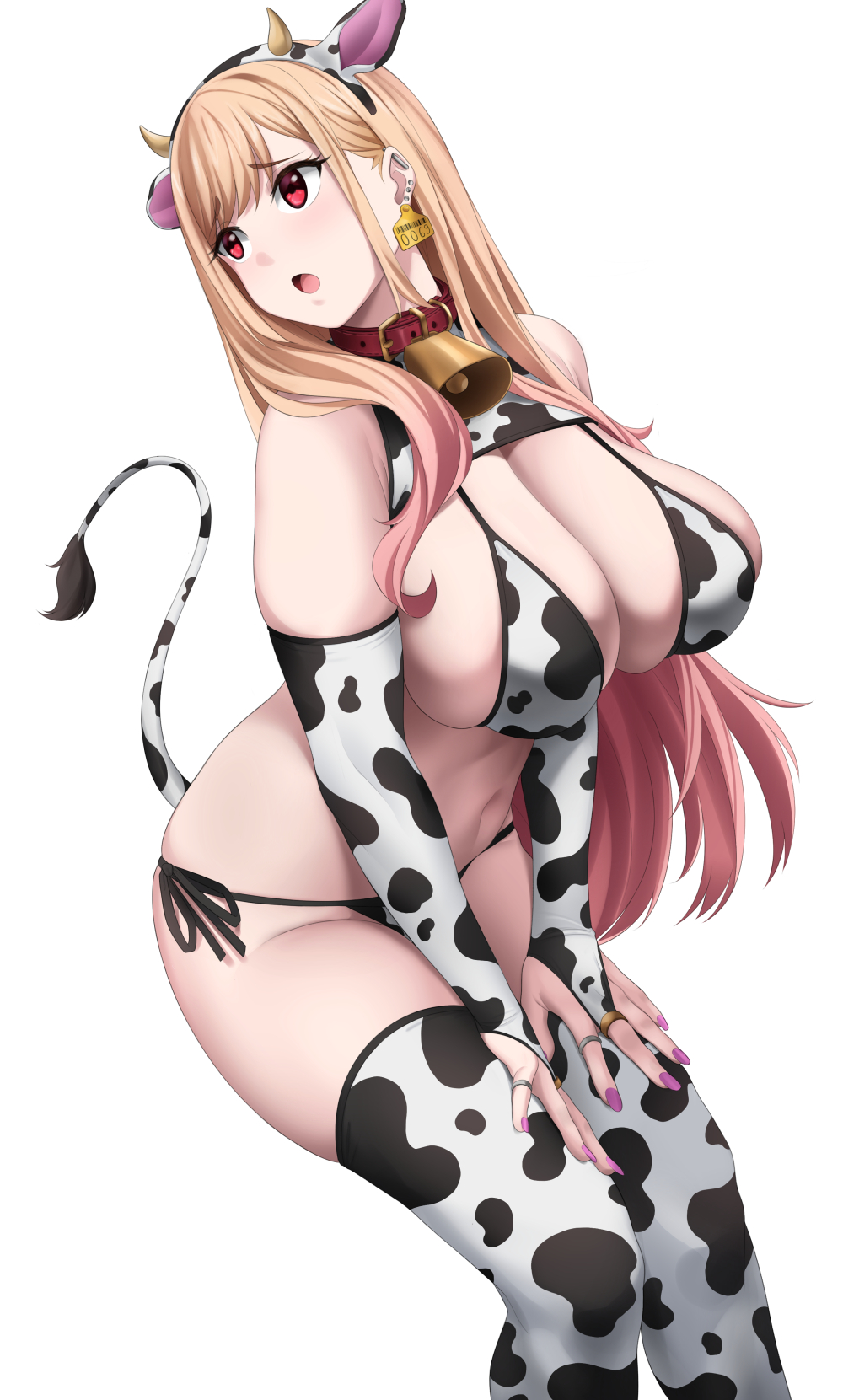 1girls big_breasts bikini blonde_hair blush breasts cow_bikini cow_ears cow_horns cow_print cowbell ear_tag earrings female gyaru kitagawa_marin long_hair red_eyes red_nails sockinajar solo sono_bisque_doll_wa_koi_wo_suru tail thick_thighs thighhighs thighs thong