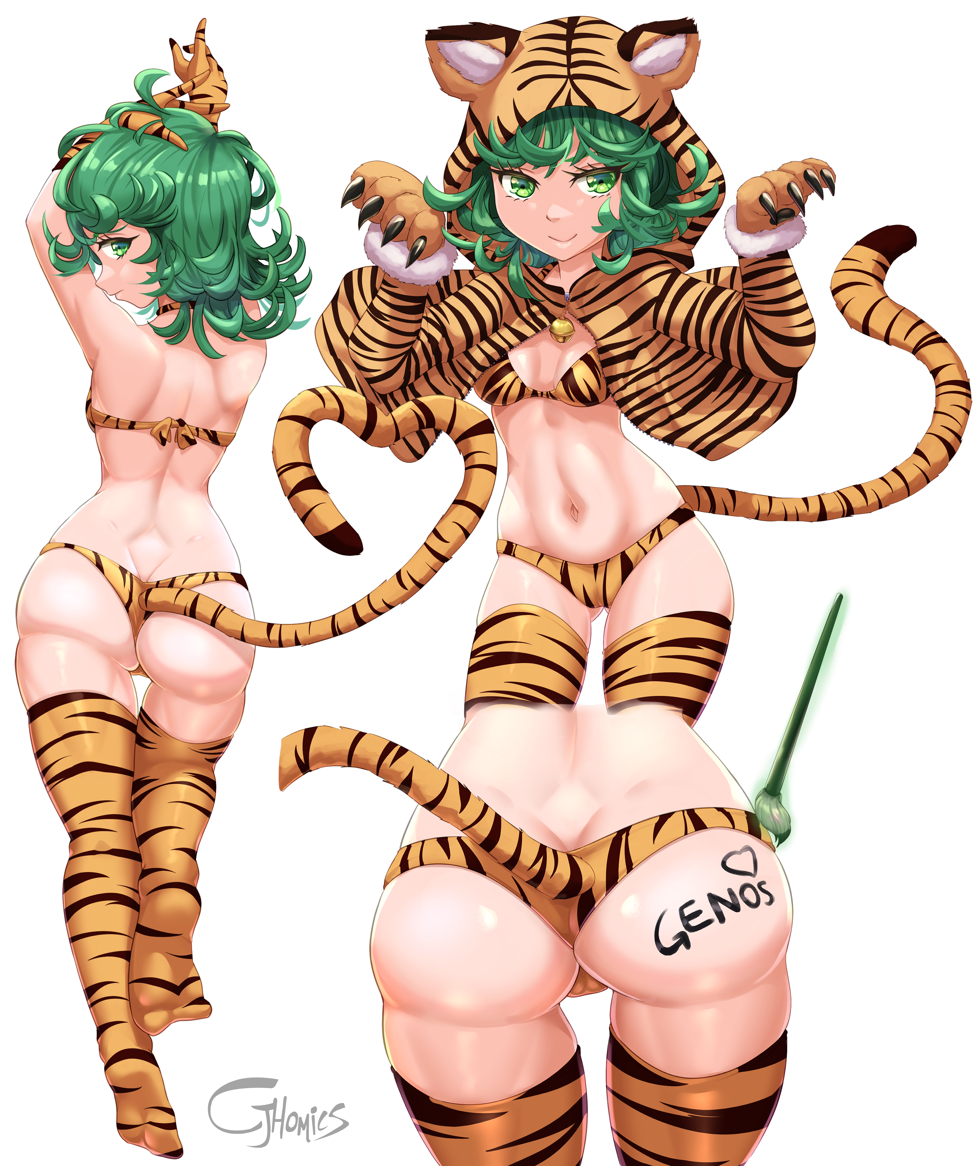 1girls, absurdres, animal ears, animal hood, animal print, arms up, ass, ass cleavage, ass crack, ass visible through thighs, back, bare shoulders, bell, bikini, body writing, breasts, butt crack, cjhomics, claws, cleavage, elbow gloves, fake animal ears, fake tail, female, gloves, green eyes, heart, heart tail, highres, jingle bell, long hair, multiple views, navel, one-punch man, simple background, smile, solo, swimsuit, tail, tatsumaki, thighhighs, tiger ears, tiger print, tiger tail, white background, year of the tiger