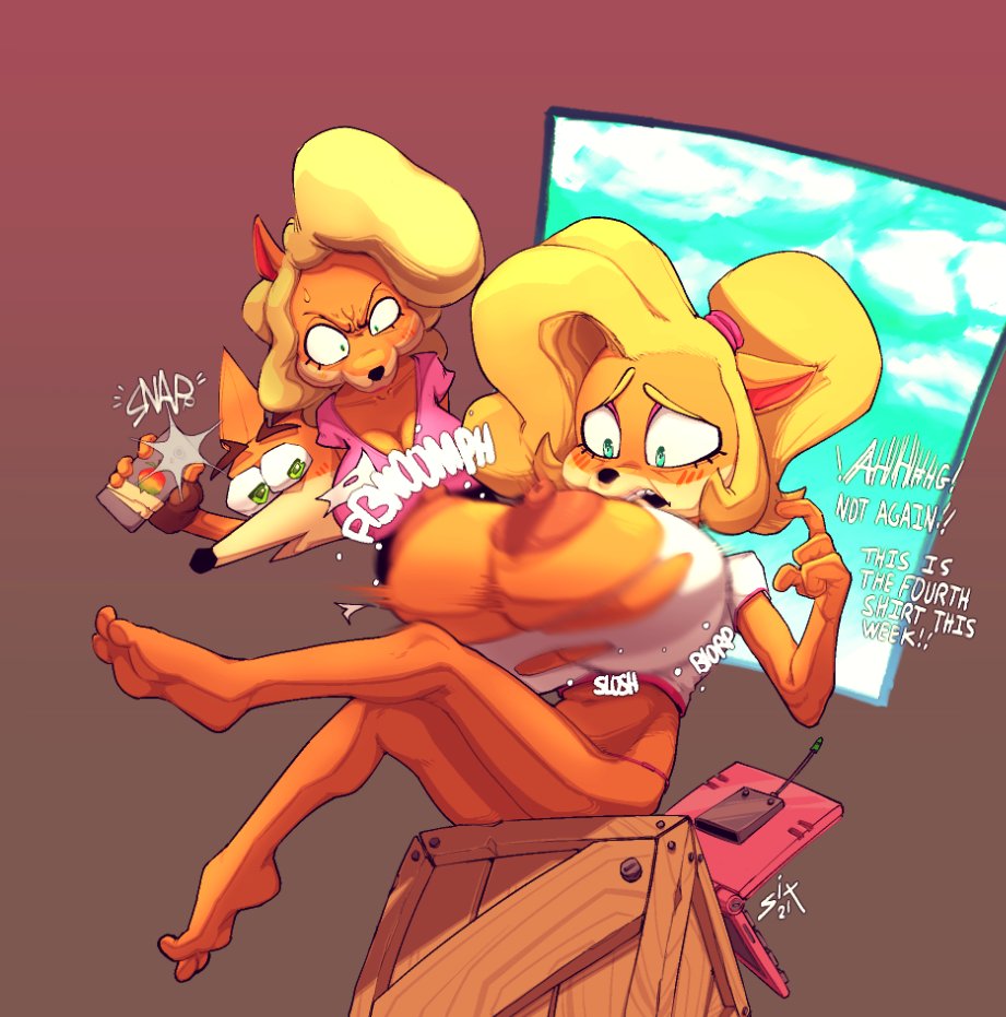 1boy 2girls anthro bandicoot blush breast_envy breasts coco_bandicoot computer crash_(series) crash_bandicoot electronics fur furry huge_breasts hyper_bimbo laptop marsupial nipples sixsidesofmyhead straight tawna_bandicoot top_heavy torn_clothes voluptuous