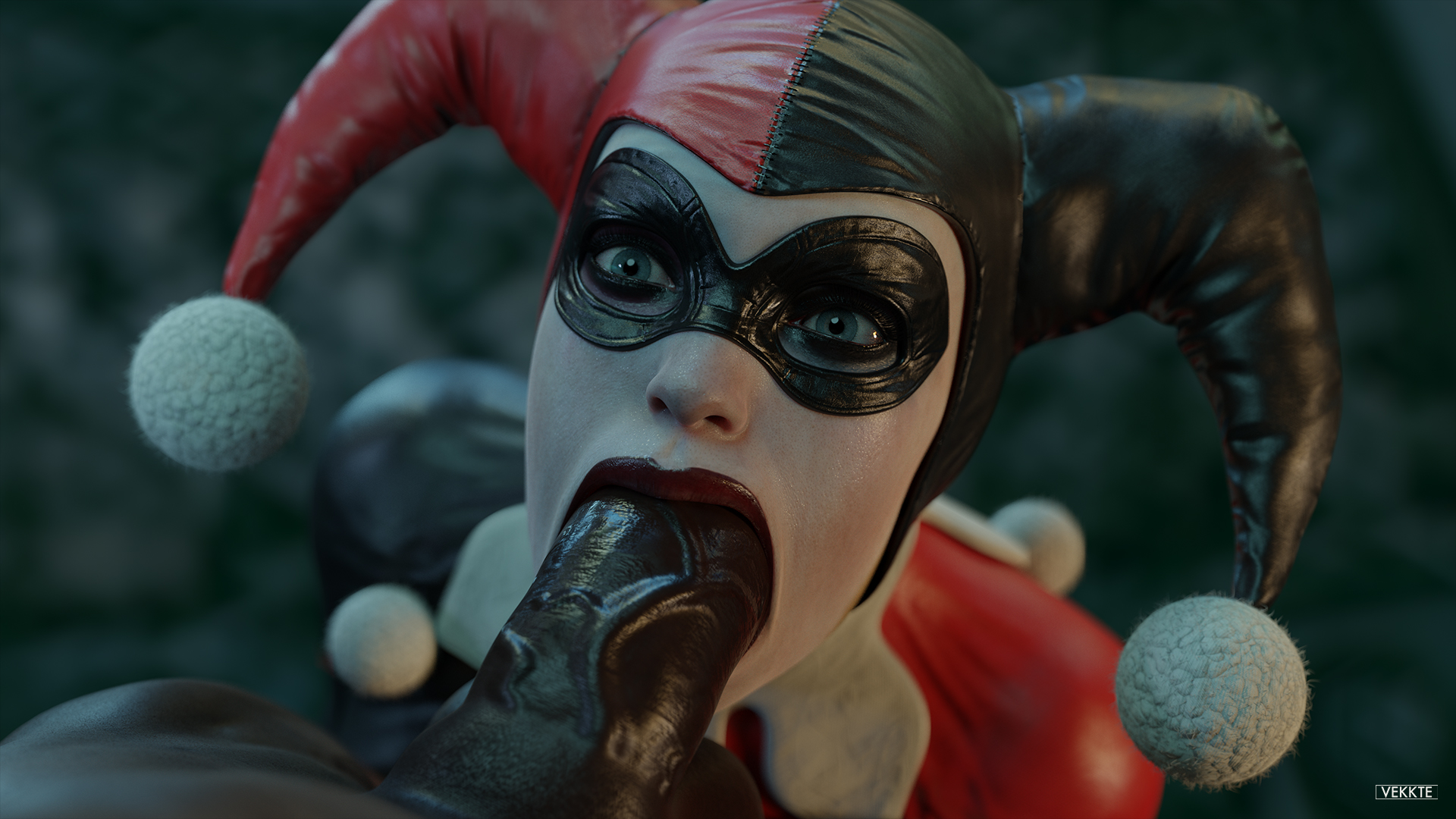 1boy, 1girls, 3d, balls, batman (series), big penis, blowjob, blue eyes, blurry background, cfnm, clothed, clothed female, clothed female nude male, clothed sex, clothes, clothing, clown makeup, completely naked, completely nude, dark skin, dark-skinned male, dc, dc comics, deepthroat, domino mask, duo, erection, eyeshadow, faceless male, facepaint, fellatio, female, female focus, female penetrated, harley quinn, harley quinn (classic), harley quinn (injustice), headwear, injustice 2, interracial, jester cap, kneeling, kneeling oral position, large penis, light skin, light-skinned female, lipstick, looking at partner, looking up, makeup, male, male penetrating, male penetrating female, male pov, male/female, mouthful, multicolored clothes, naked, naked male, nude, nude male, nude male clothed female, oral, oral penetration, oral sex, outdoors, outside, pale skin, pale-skinned female, penis, penis in mouth, penis out, pov, red lipstick, sex, straight, testicles, veins, veiny penis, vekkte, white body, wide eyed