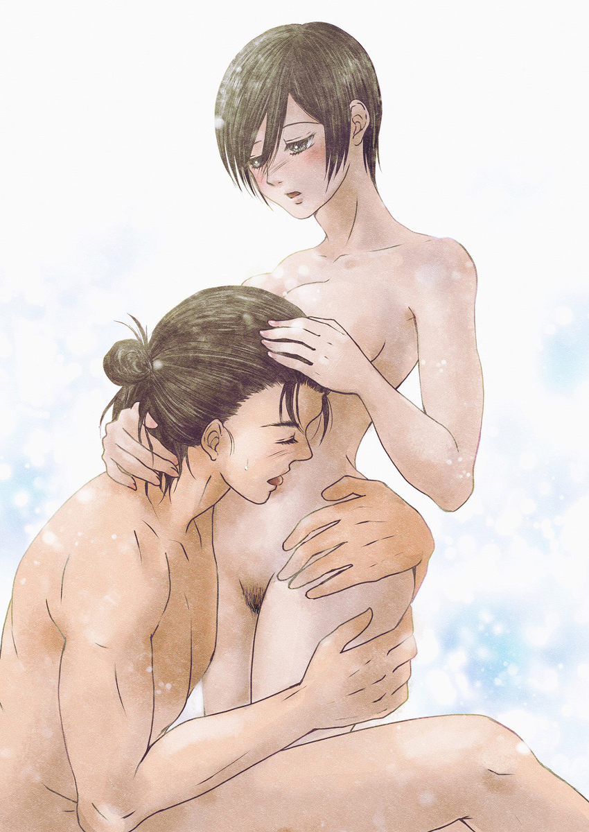 1boy, 1girls, attack on titan, completely naked, completely nude, couple, couple (romantic), couple art, couple focus, couple love, duo, duo focus, eren jaeger, female, female/male, grey eyes, lovers, loving couple, male, male/female, mikasa ackerman, naked, naked female, naked male, nude, nude female, nude male, romance, romantic, romantic ambiance, romantic couple, shingeki no kyojin, straight, wholesome, wholesome nudity