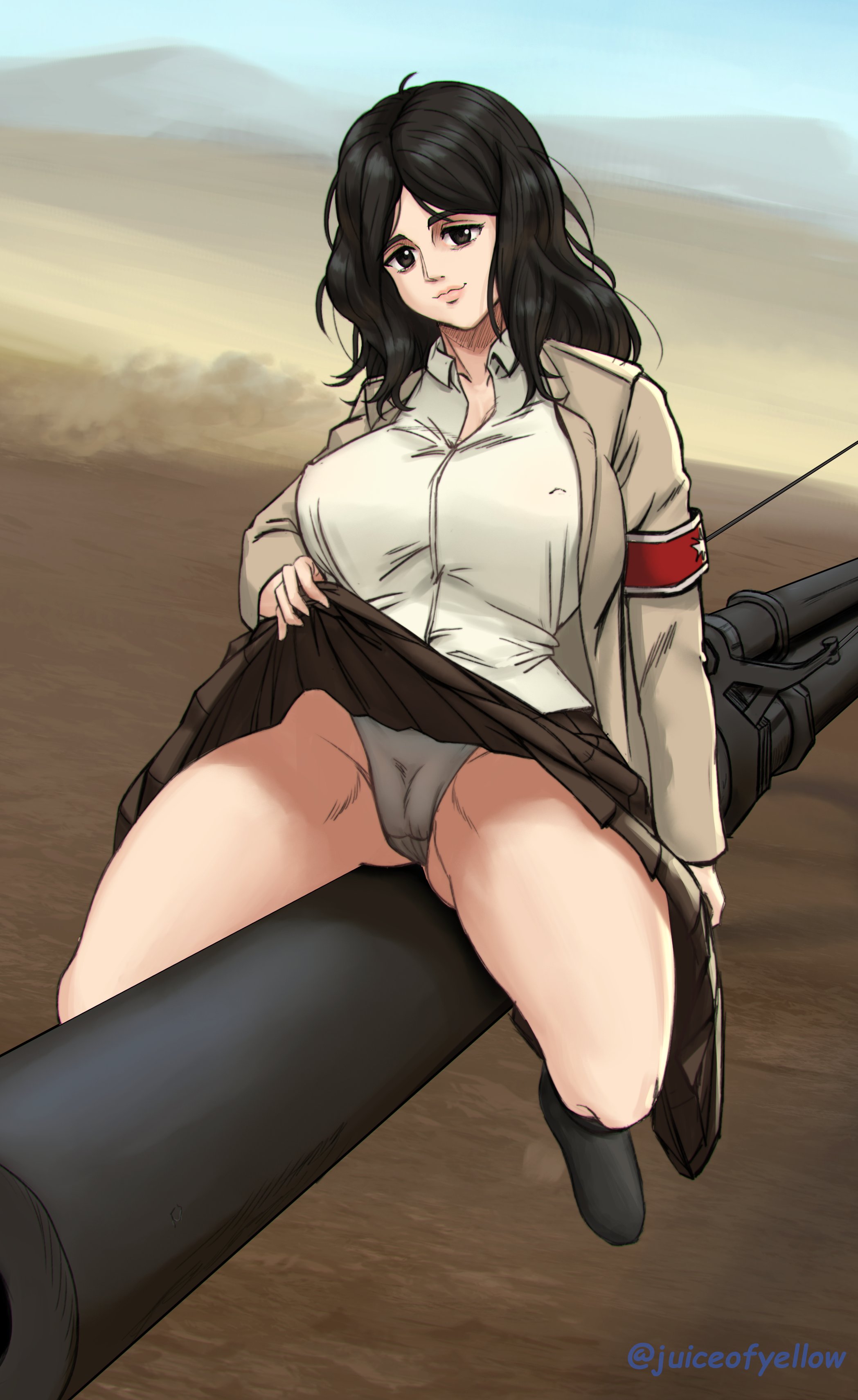1girls, alternate version available, attack on titan, black hair, breasts, clothed, female, female only, flashing, flashing panties, gun, juiceofyellow, large breasts, long hair, military uniform, nipples visible through clothing, panties, pieck finger, shingeki no kyojin, sitting, skirt, skirt lift, smile, solo, thick thighs