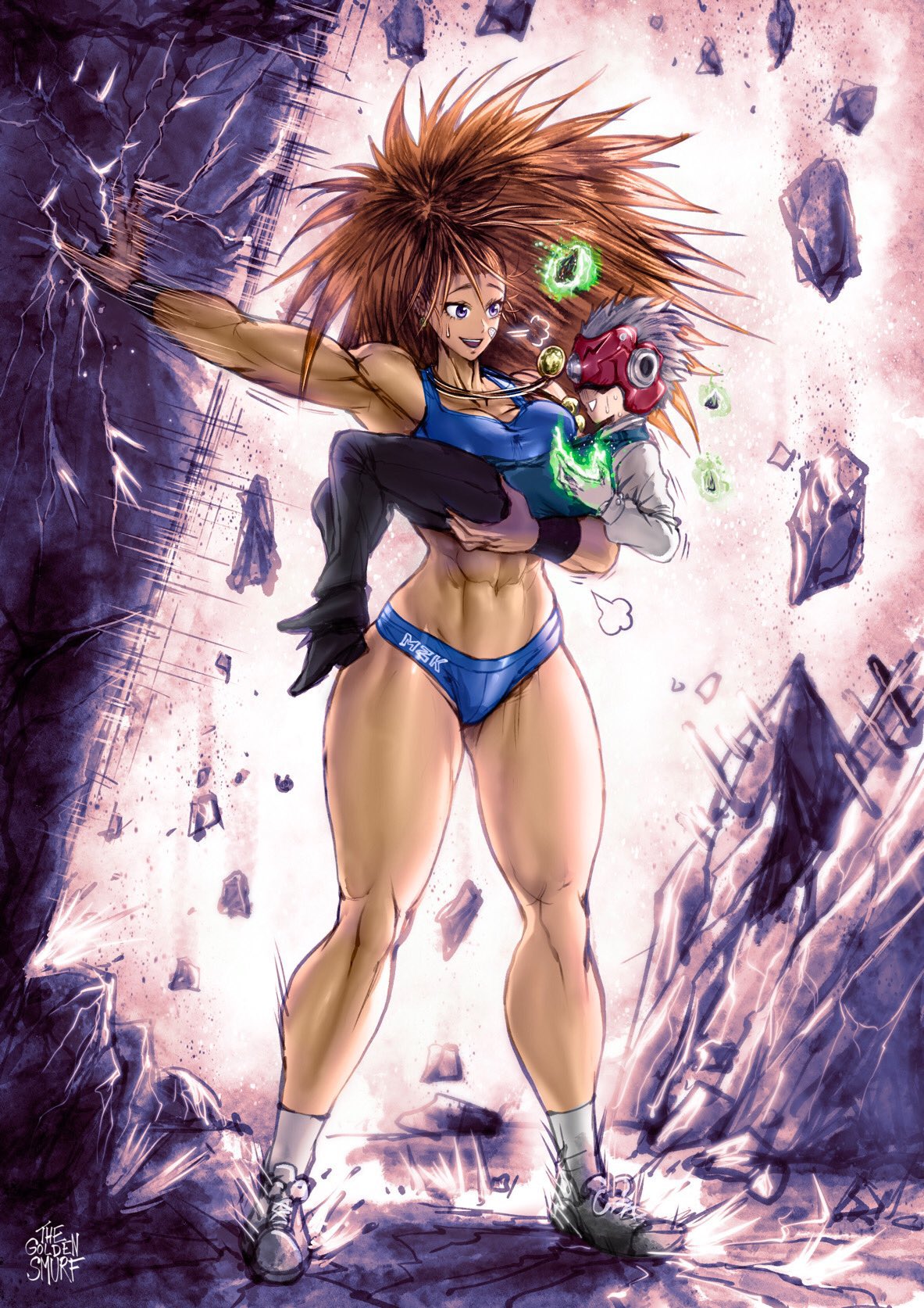 1boy 1girls abs brown_hair captain_mizuki carrying_person female gearsper hi_res male muscular muscular_female one-punch_man smaller_male spiky_hair sportswear taller_girl thegoldensmurf thick_thighs toned toned_female