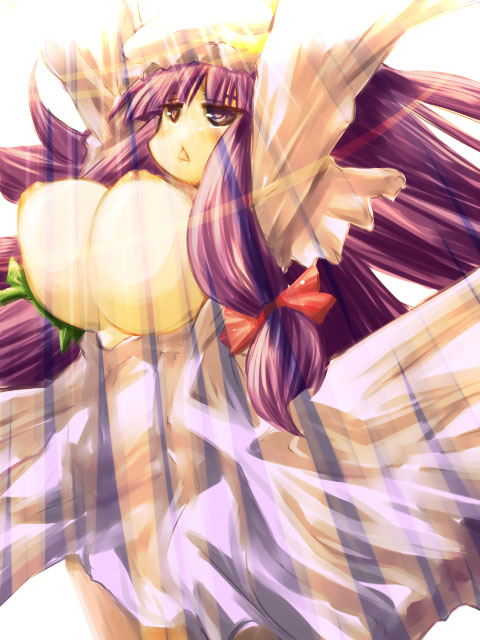 1girls arms_up blush bouncing_breasts bow breasts breasts_out eyebrows_visible_through_hair female hirowa_nagi large_breasts long_hair patchouli_knowledge purple_hair royal_flare solo touhou