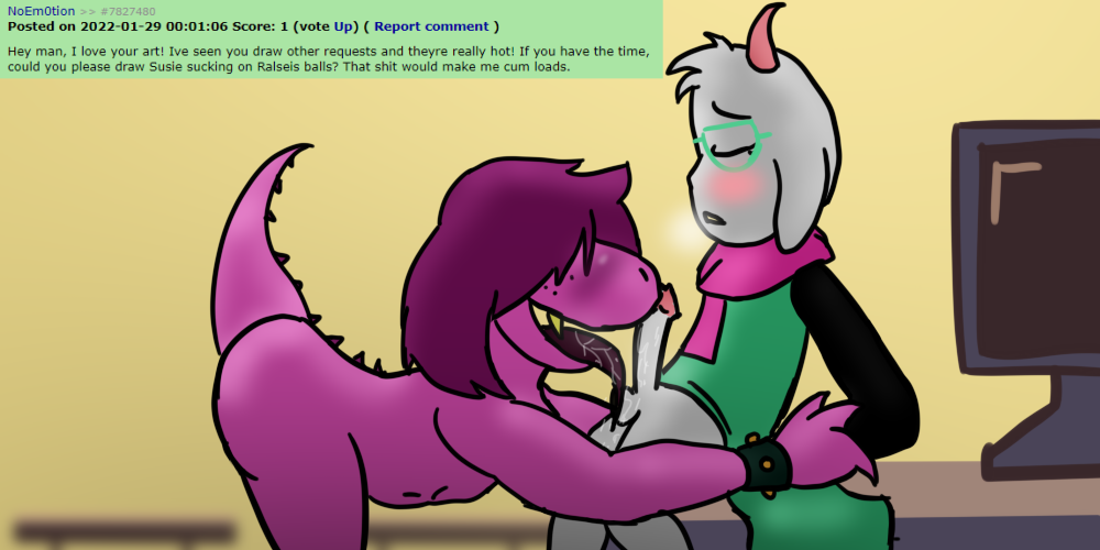 anthro anthro_on_anthro blowjob deltarune deltarune_chapter_2 female furry jakee male ralsei ralsei_(deltarune) ralsei_with_white_fur reptile request rule_34_comment sucking_balls sucking_testicles susie_(deltarune)