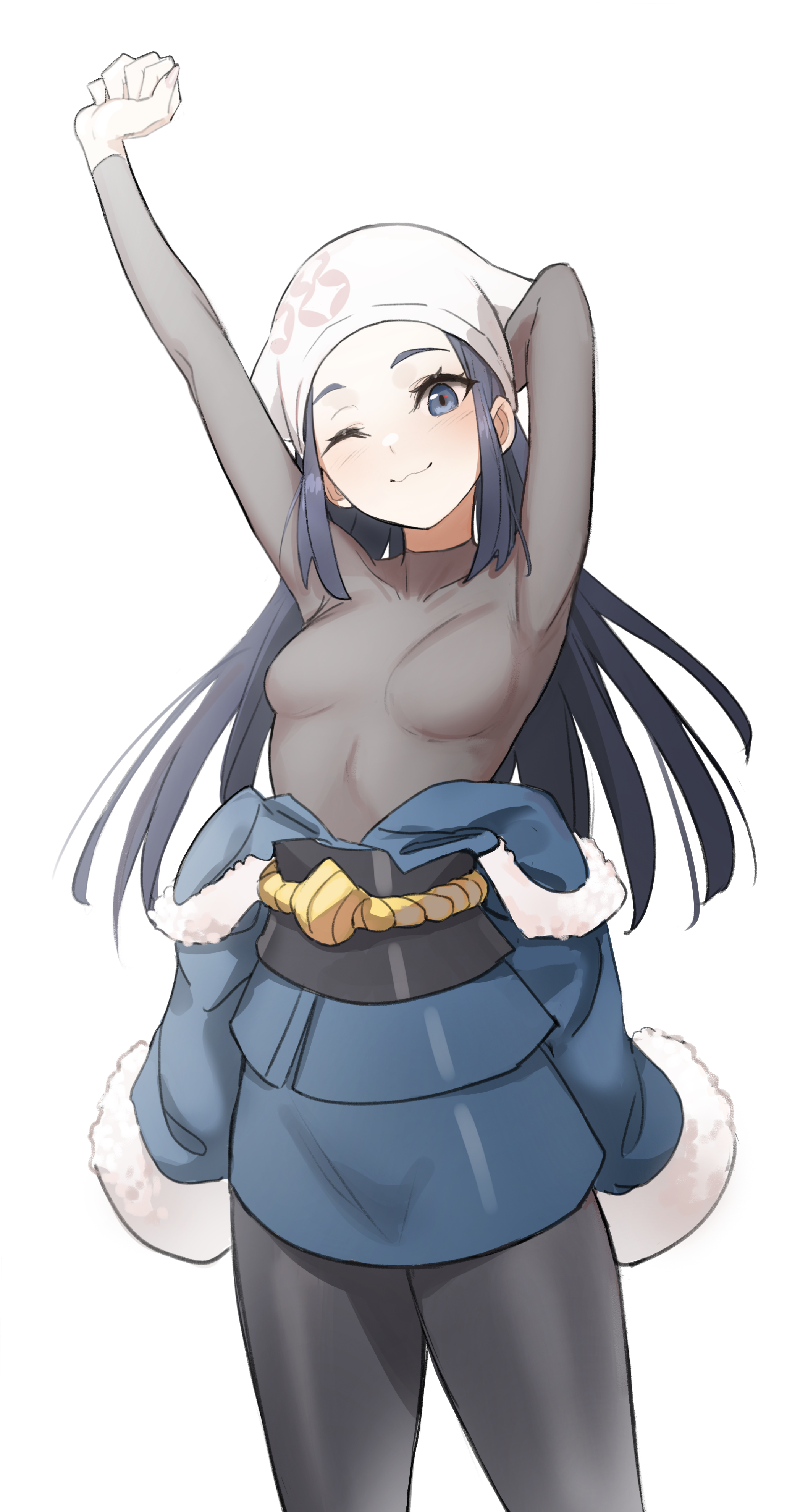 1girls, absurd res, akari (pokemon), armpits, arms up, bandana, blue eyes, blue hair, blush, bodystocking, breasts, clothed, clothing, cowboy shot, female, female only, female protagonist, fur trim, higher resolution duplicate, highres, japanese clothes, kimono, kiritzugu, legwear, light skin, light-skinned female, nintendo, obi, open clothes, pale skin, pale-skinned female, pokemon, pokemon legends: arceus, pose, posing, skin tight, skirt, small breasts, smile, solo, stretching, thighs, tight clothing, tights, undressing
