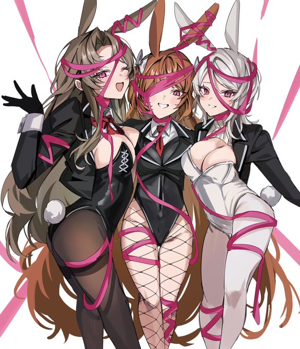 3girls, bondage, bunny ears, bunnysuit, faust (limbus company), female, fishnets, ishmael (limbus company), leotard, limbus company, multiple females, multiple girls, pink shoes (limbus company), possessed, possession, project moon, rodion (limbus company), rodion missing tatto, smiling, tagme, tie