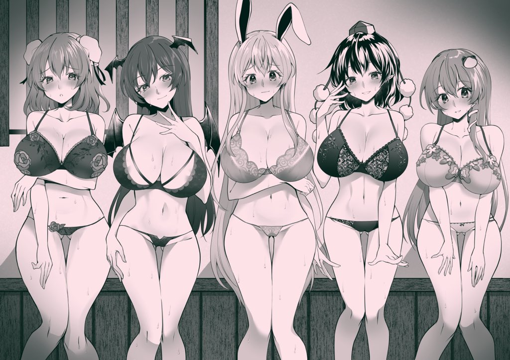 black_and_white female_only kaede_(mmkeyy) kasen_ibaraki koakuma reisen_udongein_inaba sanae_kochiya shameimaru_aya tagme touhou