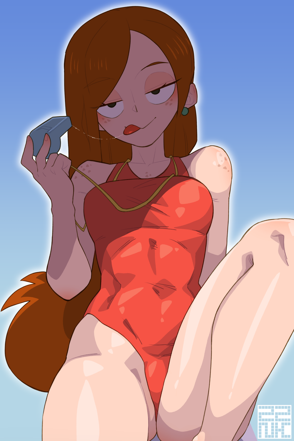 1girls barefoot disney disney_channel earrings female female_only freckles freckles_on_shoulders gravity_falls half-closed_eyes long_hair looking_at_viewer one-piece_swimsuit red_hair red_one-piece_swimsuit red_swimsuit saliva_trail seductive_look sexually_suggestive sitting solo straight_hair tongue_out wendy_corduroy whistle whistle_around_neck zznakuu