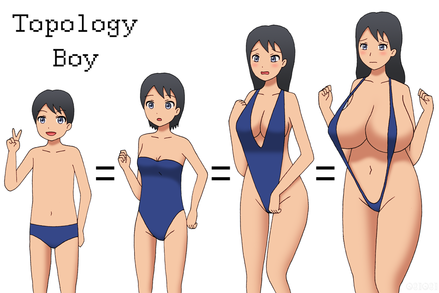 age progression, big breasts, black hair, blue clothing, blue swimsuit, blush, breast expansion, breast growth, breast growth (enlargement), breasts, embarrassed, female, gender transformation, hair growth, mtf transformation, rule 63, sling bikini, slingshot swimsuit, swimsuit, thigh expansion, transformation, transformation sequence