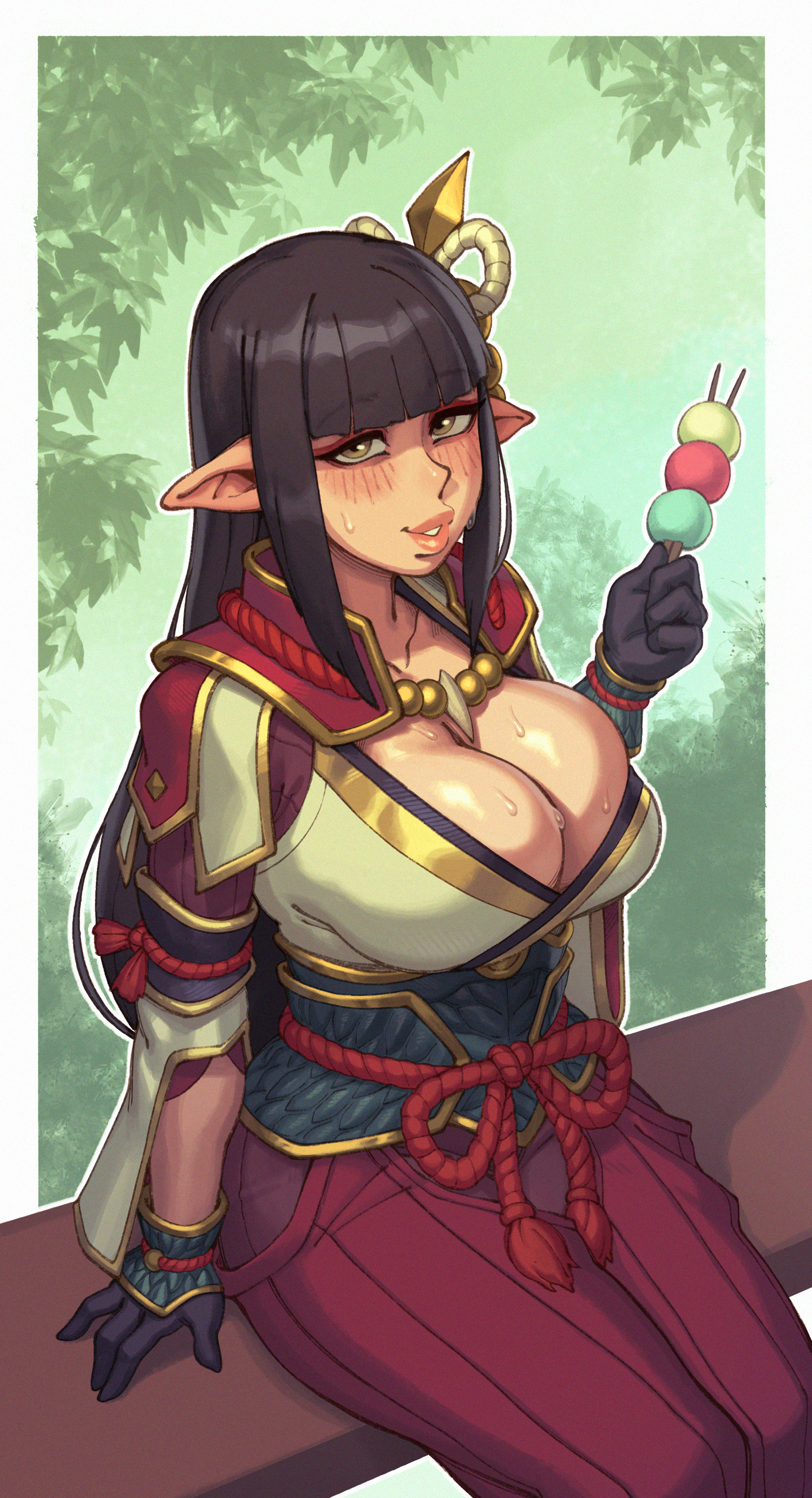 1girls, 2022, 4 fingers, black hair, blunt bangs, blush, breasts, capcom, cleavage, clothed, clothed female, dango, elf, elf ears, elf female, female, female only, fewer digits, food, hair ornament, hakama, hi res, hinoa, hips, holding object, huge breasts, long hair, looking at viewer, miko, monster hunter, monster hunter rise, naughty face, pointy ears, rizdraws, shrine maiden, sitting, slim waist, smile, suggestive look, sweat, sweaty body, sweaty breasts, thick lips, thick thighs, thighs, very high resolution, wide hips, wyverian, yellow eyes