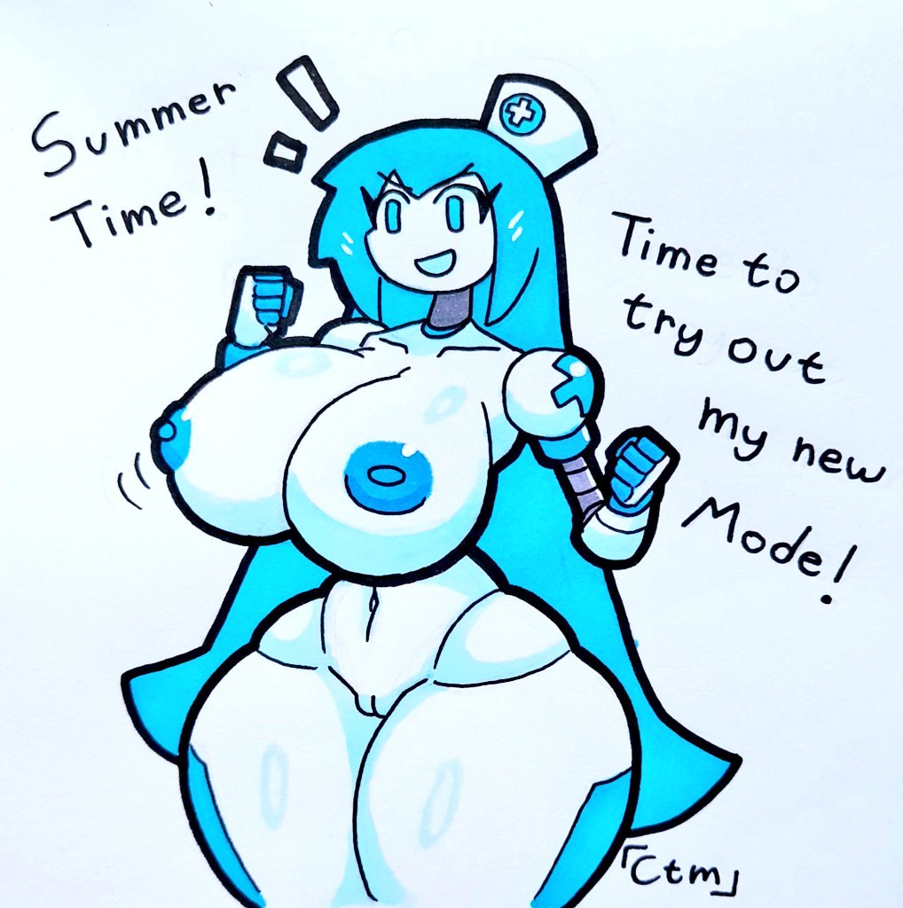 alice_(mr.ctm) android big_breasts blue_eyes blue_hair blue_nipples hourglass_figure huge_breasts long_hair mr.ctm nurse nurse_cap robot robot_girl robot_humanoid robotic_arm thick_thighs white_skin wide_hips