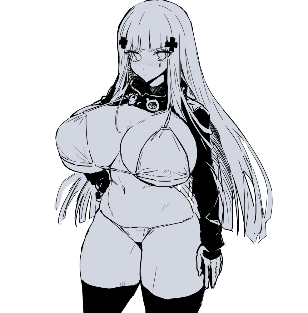 alternate breast size, bangs, bikini, blunt bangs, blush, breastless clothes, breasts, cowboy shot, cross, cross hair ornament, female, girls' frontline, gloves, hair ornament, hand on hip, hk416 (girls' frontline), huge breasts, iron cross, long hair, long sleeves, looking at viewer, melon22, monochrome, navel, pout, standing, string bikini, swimsuit, teardrop facial mark, thick thighs, thighhighs, thighs