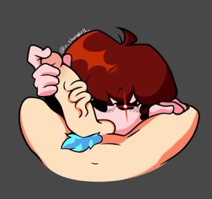 1boy, 1girls, astranger, balls, balls lick, balls sucking, between legs, boyfriend (friday night funkin), female, friday night funkin, girlfriend (friday night funkin), handjob, huge cock, male, mob face, penis, red eye
