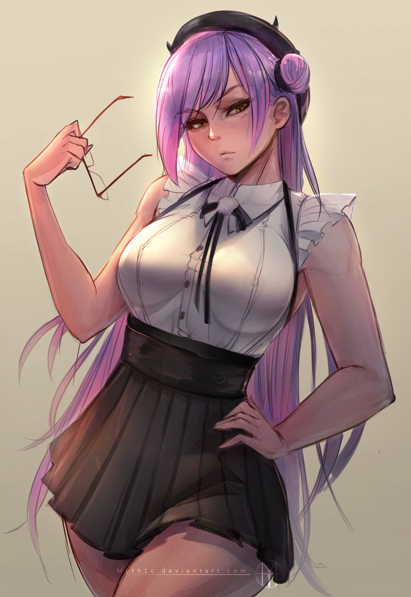 breasts, demon, demon girl, demon horns, devil, devil girl, female, glasses, hand on hip, hat, holoforce, hololive, hololive japan, horns, myth1c, purple hair, skirt, thick thighs, tokoyami towa, virtual youtuber