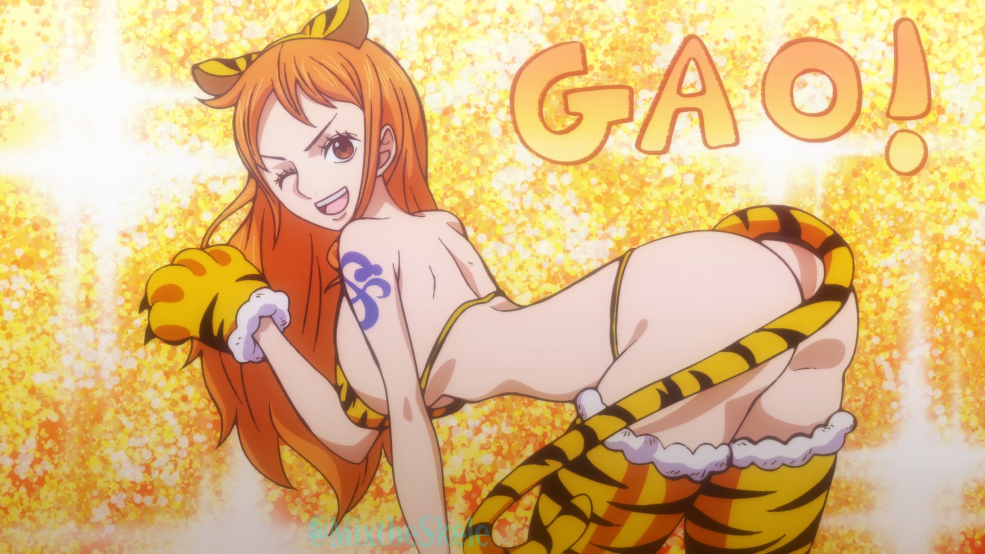 1girls, accurate art style, arm tattoo, ass, bent over, big ass, big breasts, bikini, blue tattoo, breasts, brown eyes, curvy, female, female only, long hair, looking at viewer, median furrow, mixtheskele, nami (one piece), one piece, orange hair, orange-haired female, paw gloves, slender, smile, solo, tail, tattoo, tattoo on arm, tattooed arm, thighhighs, tiger print, tiger tail, wink, year of the tiger