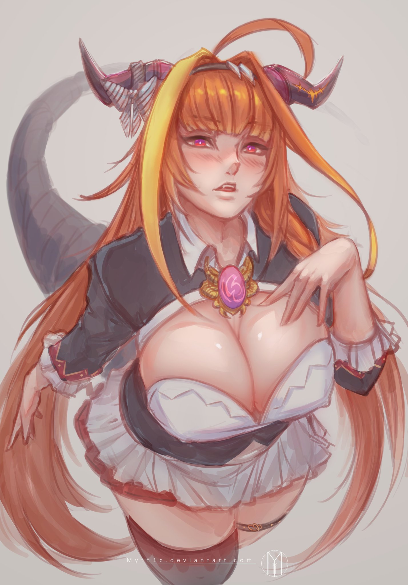 big breasts, breasts, dragon, dragon girl, dragon horns, dragon tail, female, holoforce, hololive, hololive japan, horn, horns, huge breasts, kiryu coco, large breasts, leg band, myth1c, orange hair, tail, thick thighs, thighhighs, virtual youtuber