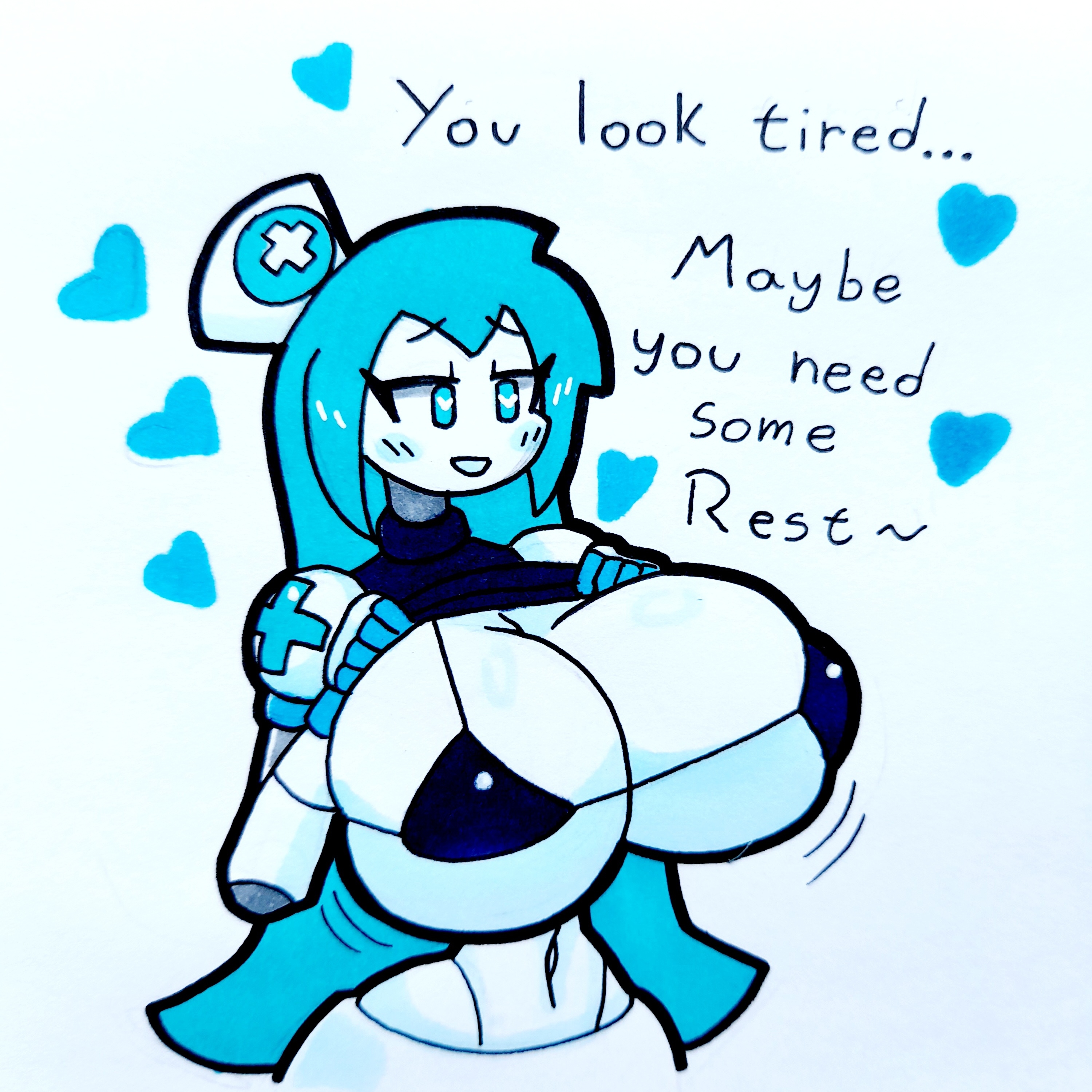 alice (mr.ctm), android, android girl, blue eyes, blue hair, blush, breasts, female, flashing, flashing breasts, heart-shaped pupils, horny female, long hair, mr.ctm, nurse, nurse cap, robot, robot girl, robot humanoid, white skin