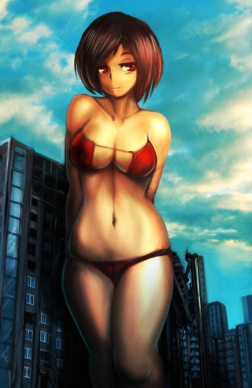 anime_style bikini building buildings city cloud day daytime destruction giantess macrophilia pixiv red red_bikini red_eyes short_hair skyscraper yilx