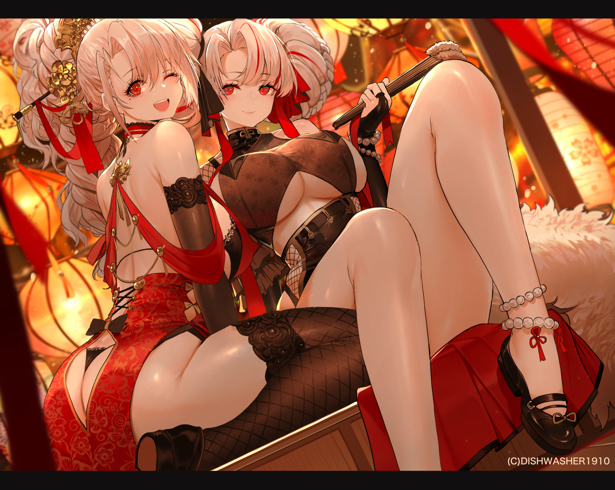 2022, 2girls, artist signature, ass, ass cleavage, ass crack, azur lane, bare legs, blush, breasts, butt crack, dishwasher1910, dress, fan, female, female only, hi res, hips, holding object, huge ass, huge breasts, indoors, iron blood (azur lane), kneeling, light skin, light-skinned female, long hair, long ponytail, looking at viewer, pale skin, pale-skinned female, ponytail, prinz adalbert (azur lane), prinz heinrich (azur lane), red eyes, revealing clothes, sitting, slim waist, smile, thick thighs, thighhighs, thighs, twintails, white hair, wide hips
