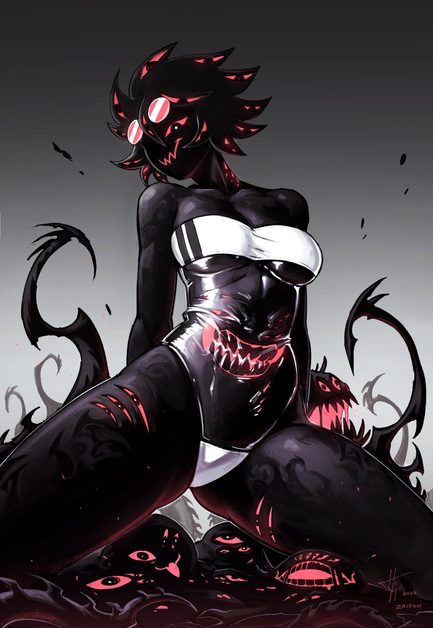 1girls, abby (zaifon), ass visible through thighs, black eyes, black skin, breasts, dark skin, dark-skinned female, female, gris swimsuit, medium breasts, meme attire, monster, monster girl, mouth on chest, multi eye, multi mouth, nightmare waifu, original, original character, red sclera, red-tinted eyewear, short hair, solo, sunglasses, sunglasses on head, swimsuit, thick thighs, thighs, underboob, zaifon