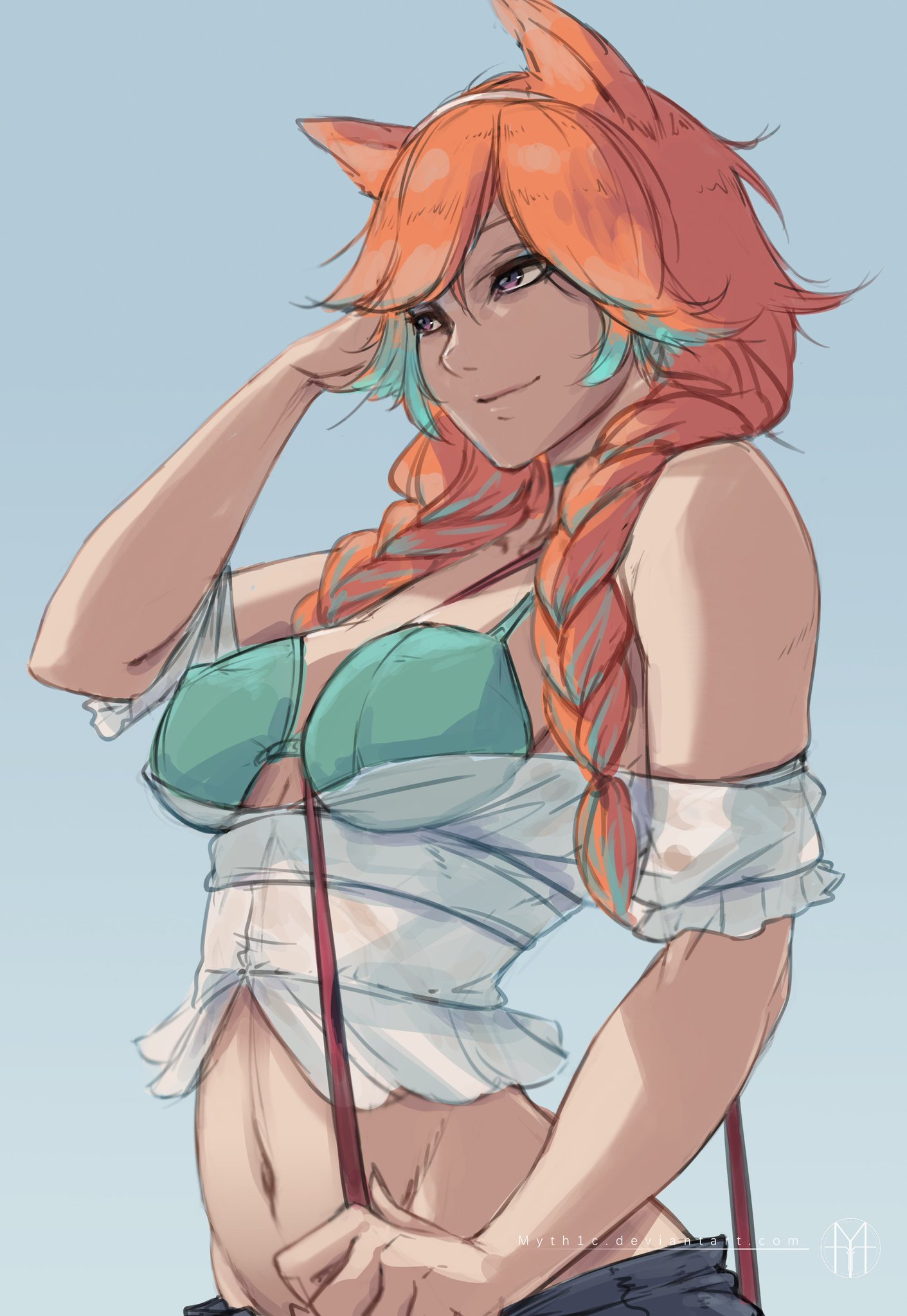 animal ears, braid, braided twintails, breasts, cat ears, female, green hair, green highlights, hololive, hololive english, hololive myth, multicolored hair, myth1c, orange hair, phoenix, streaked hair, tagme, takanashi kiara, takanashi kiara (2nd costume), twintails, two-tone hair, virtual youtuber