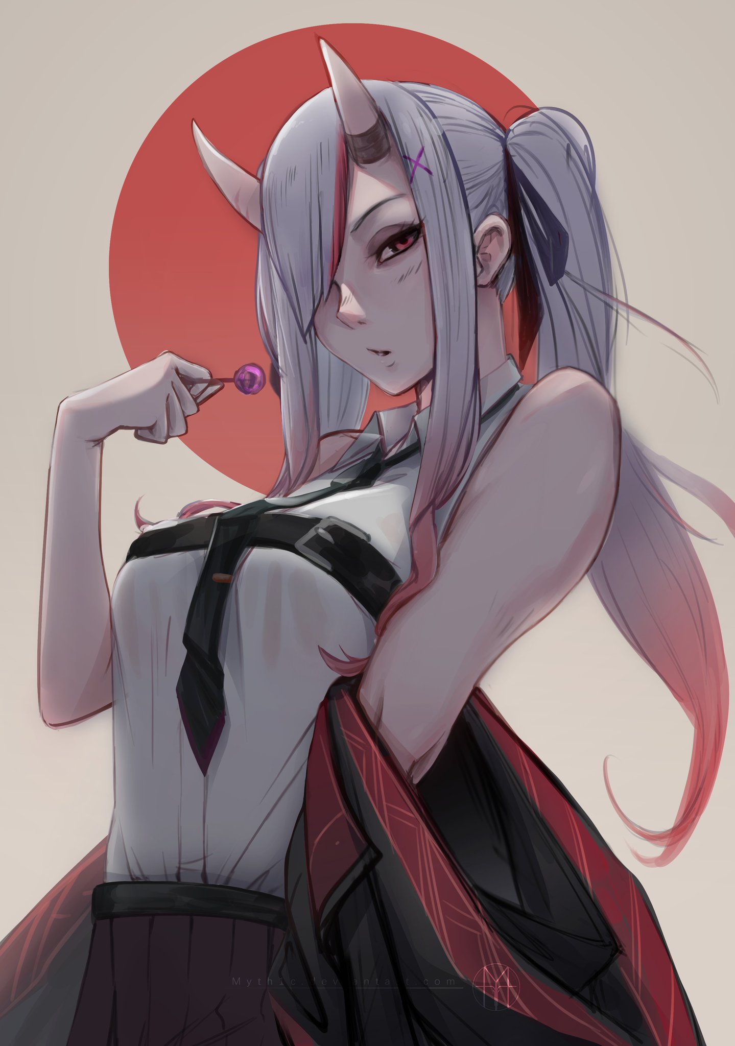 belt, breasts, clothed, female, hololive, hololive gen 2, hololive japan, myth1c, nakiri ayame, necktie, oni, oni horns, ponytail, tagme, tie, virtual youtuber, white hair