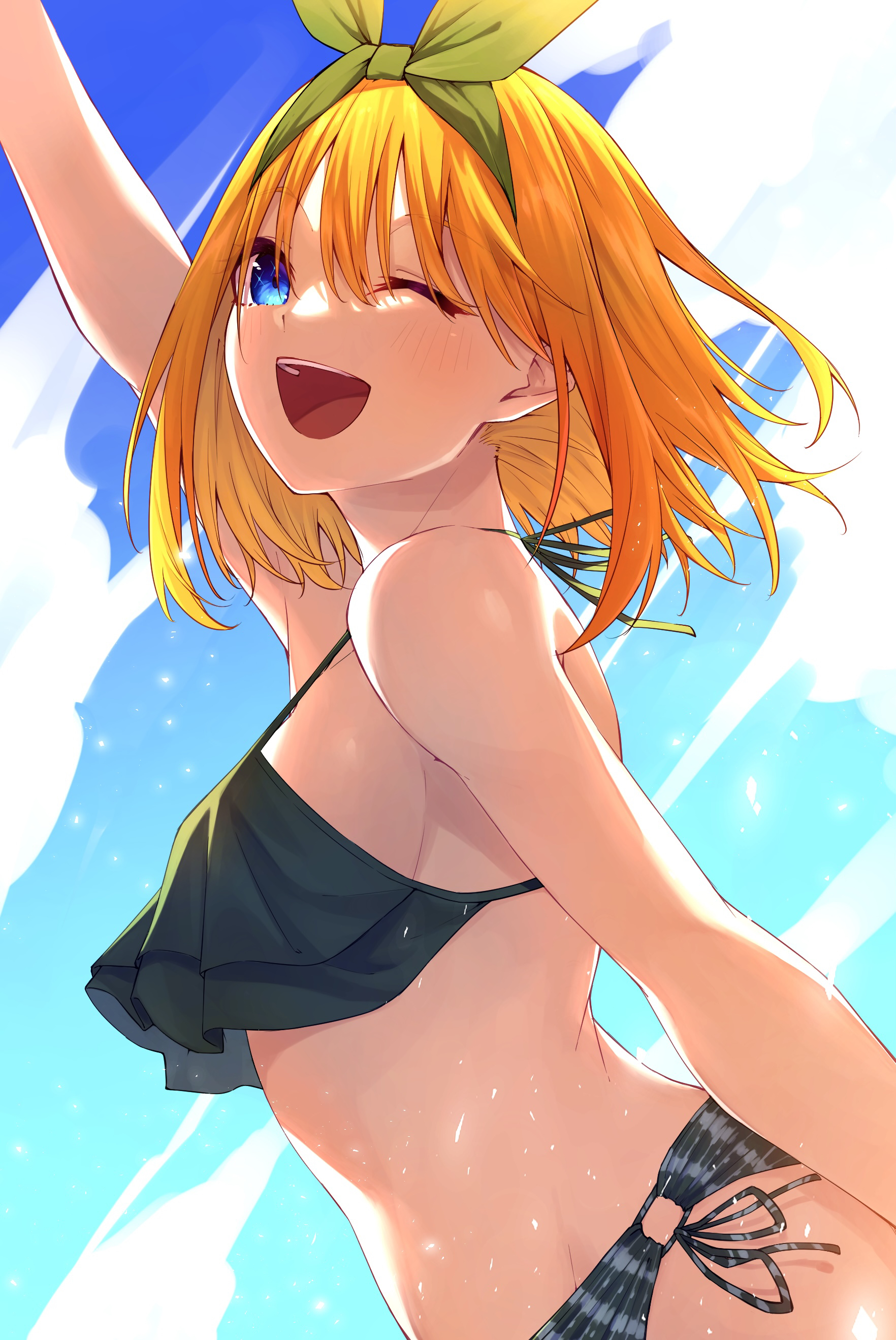 1girls, big breasts, bikini, blue eyes, blue sky, breasts, clouds, curvy, eggegg eggeggg, female, frilled bikini, go-toubun no hanayome, green ribbons, hair ribbon, light skin, light-skinned female, nakano yotsuba, orange hair, short hair, smile, solo, thick thighs, wink