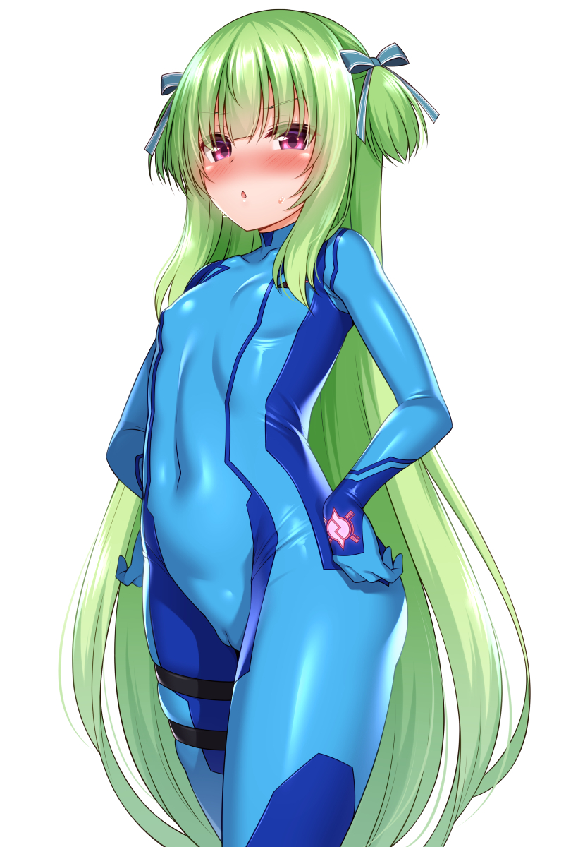 :o blue_bodysuit blush bodysuit cameltoe cosplay female green_hair highres long_hair metroid murasame_(senren) petite pink_eyes samus_aran_(cosplay) senren_banka simple_background skin_tight solo very_long_hair white_background yuzu-soft zero_suit zirba