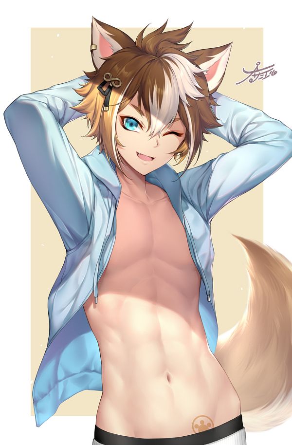 abs animal_ears animal_tail bare_midriff blue_eyes blue_hoodie brown_hair clothing dog_boy genshin_impact gorou_(genshin_impact) hair_ornament hands_behind_head hoodie male_only mostly_clothed multicolored_hair nasaniliu navel one_eye_closed open_clothes open_shirt pose shirtless short_hair smile standing tagme tattoo toned toned_male twink white_hair wink