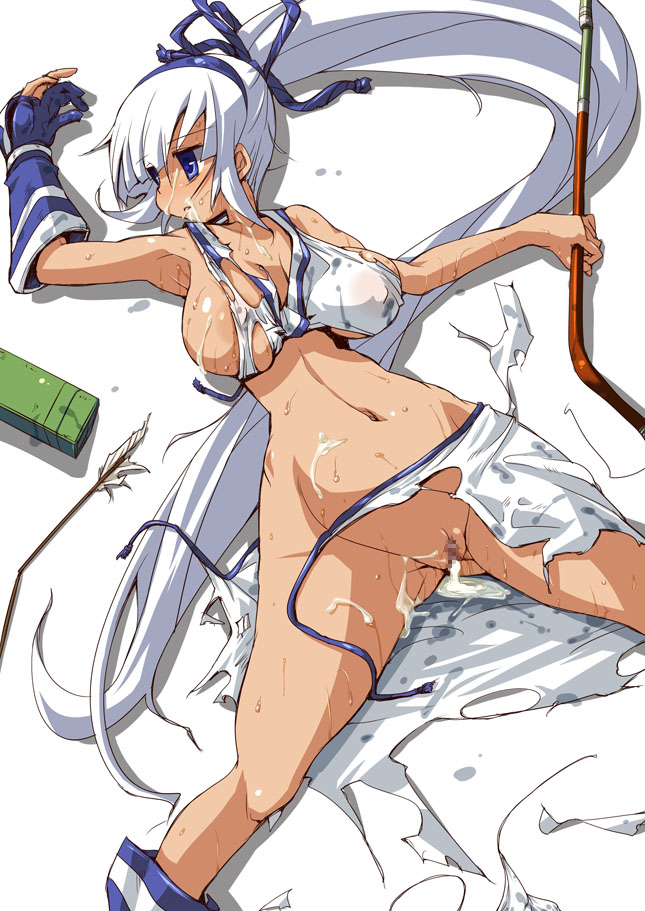 after_rape after_sex arrow bad_end beaten bikini blue_eyes bow_(weapon) breasts clothing defeated female game_over hairband hirowa_nagi large_breasts lingerie lying majikina_mina pantsu ponytail ribbon samurai_shodown snk solo swimsuit thick_thighs thighs tied_hair torn_clothes underwear weapon white_hair wide_hips