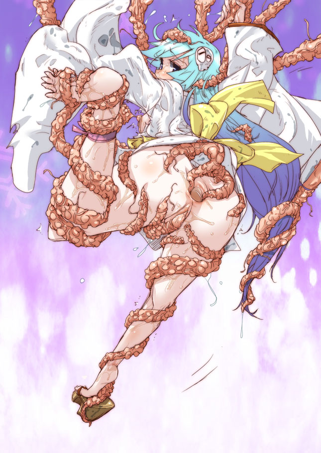 blue_eyes blue_hair dororon_enma-kun female gaping_anus hair_ornament hirowa_nagi japanese_clothes long_hair looking_back no_panties sandals single_shoe skull_hair_ornament spread_anus tentacle tentacle_rape tentacle_sex yukiko_hime