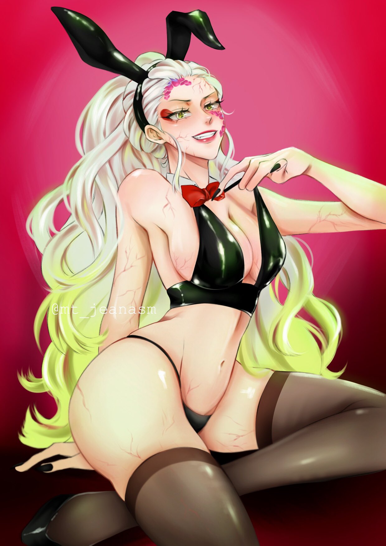 alternate costume, big breasts, black nails, black panties, black thong, bowtie, breasts, bunny ears, bunny girl, cleavage, daki (kimetsu no yaiba), demon, demon girl, demon slayer, eyeshadow, facial markings, female, female only, gradient hair, kimetsu no yaiba, latex, long hair, looking at viewer, mt jeanasm, nail polish, panties, red background, red lipstick, sharp fingernails, sheer legwear, sideboob, sitting, smile, solo, thighhighs, thong, two-tone hair, veins, wavy hair, white hair
