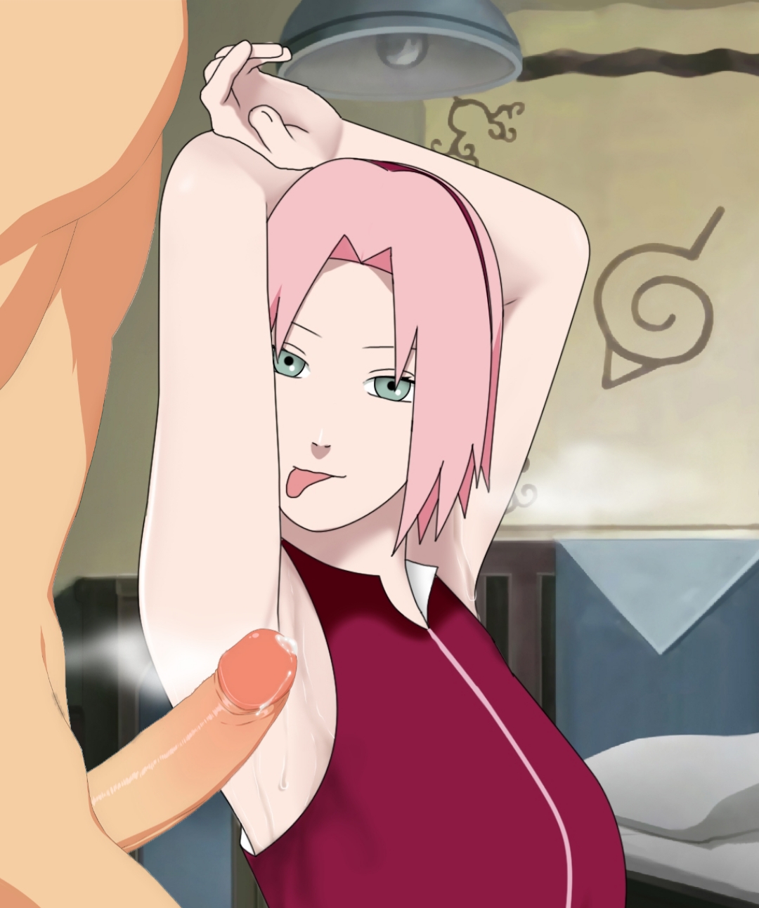 1girls, armpit, armpit crease, armpit sex, armpit stubble, armpits, arms behind back, arms up, big breasts, blonde hair, blush, breasts, brown eyes, clothed female, clothing, faceless male, female, female focus, forest, groping, huge breasts, male, naruto, naruto (series), naruto shippuden, presenting, sakura haruno, sweat, sweat stain, sweaty armpits, uzumaki naruto