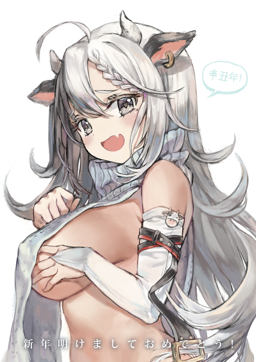 :d ahoge animal_ears bangs bare_shoulders black_hair blush braid breast_lift breasts bridal_gauntlets chinese_zodiac cow_ears cow_girl cow_horns eyebrows_visible_through_hair female female from_side grey_eyes hand_on_own_chest heart heart-shaped_pupils highres horns large_breasts looking_at_viewer looking_to_the_side meme_attire mixed-language_commentary mole mole_under_eye multicolored_hair new_year oerba_yun_fang open_mouth original revealing_clothes seozo sideboob silver_hair simple_background skin_fang smile solo speech_bubble split-color_hair sweater symbol-shaped_pupils translated turtleneck turtleneck_sweater two-tone_hair upper_body virgin_killer_sweater white_background year_of_the_ox