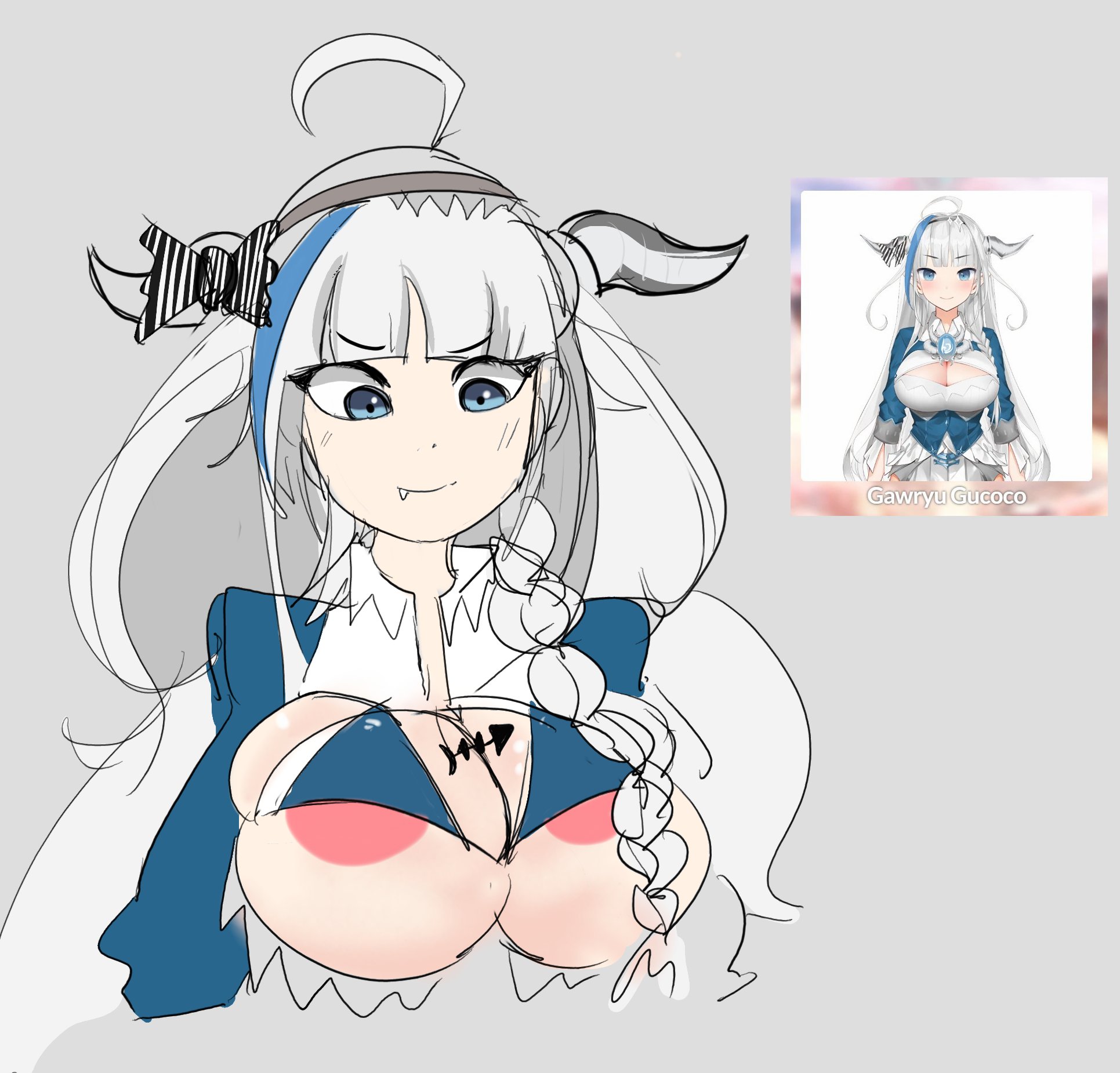1girls, bikini, breasts, cute fang, female, fusion, gawr gura, holoforce, hololive, hololive english, hololive japan, hololive myth, kiryu coco, large breasts, long hair, nicechan, original character, virtual youtuber, white hair