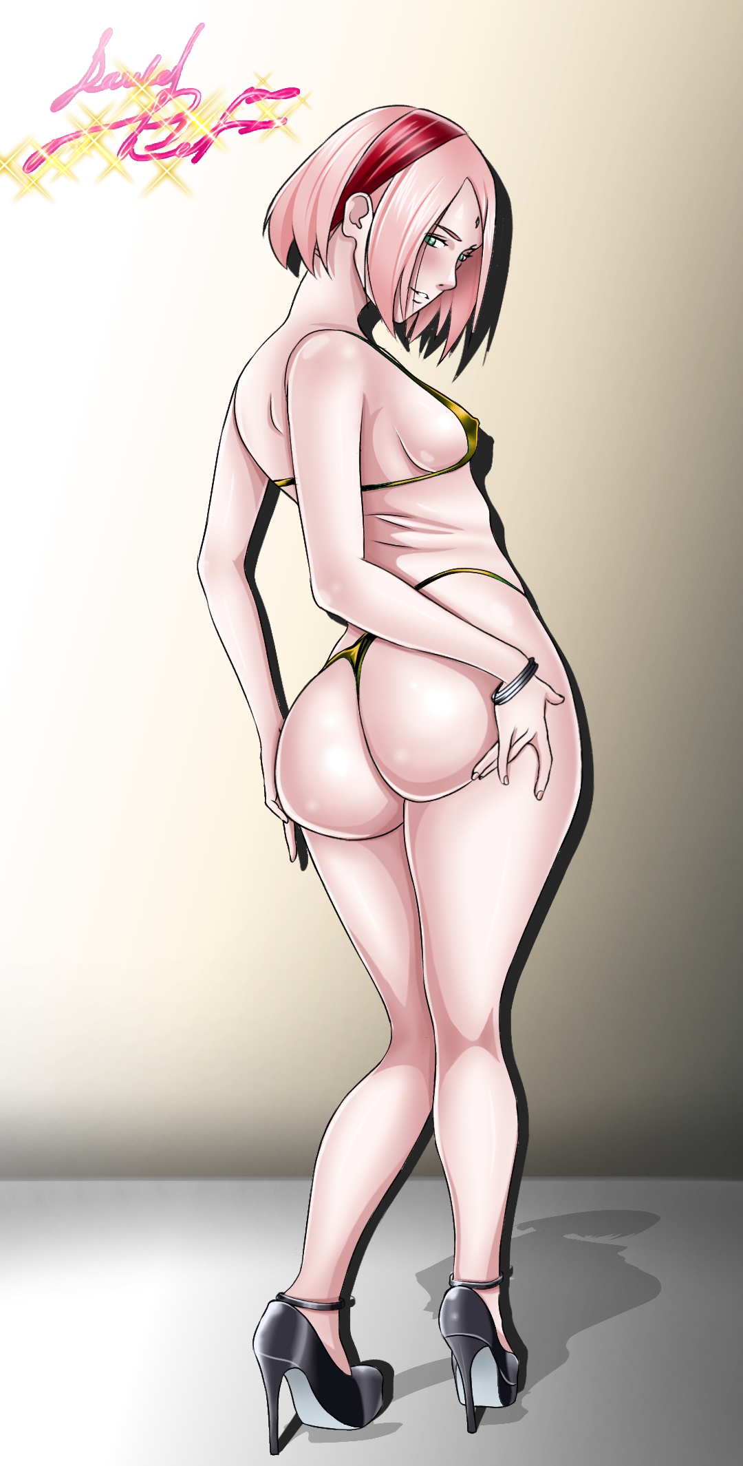 1girls, ass, big ass, big butt, bikini, bob cut, boruto: naruto next generations, bracelet, breasts, bubble ass, bubble butt, danieledevane, female, female only, full body, green eyes, hairband, heels, high heels, huge ass, huge butt, light skin, light-skinned female, looking at viewer, looking back, mature, mature female, micro bikini, milf, naruto, naruto (series), nipples, pink hair, pinup, presenting, presenting ass, presenting hindquarters, round ass, sakura haruno, shiny, shiny hair, shiny skin, sideboob, skindentation, small bikini, small breasts, solo, solo focus, thong bikini