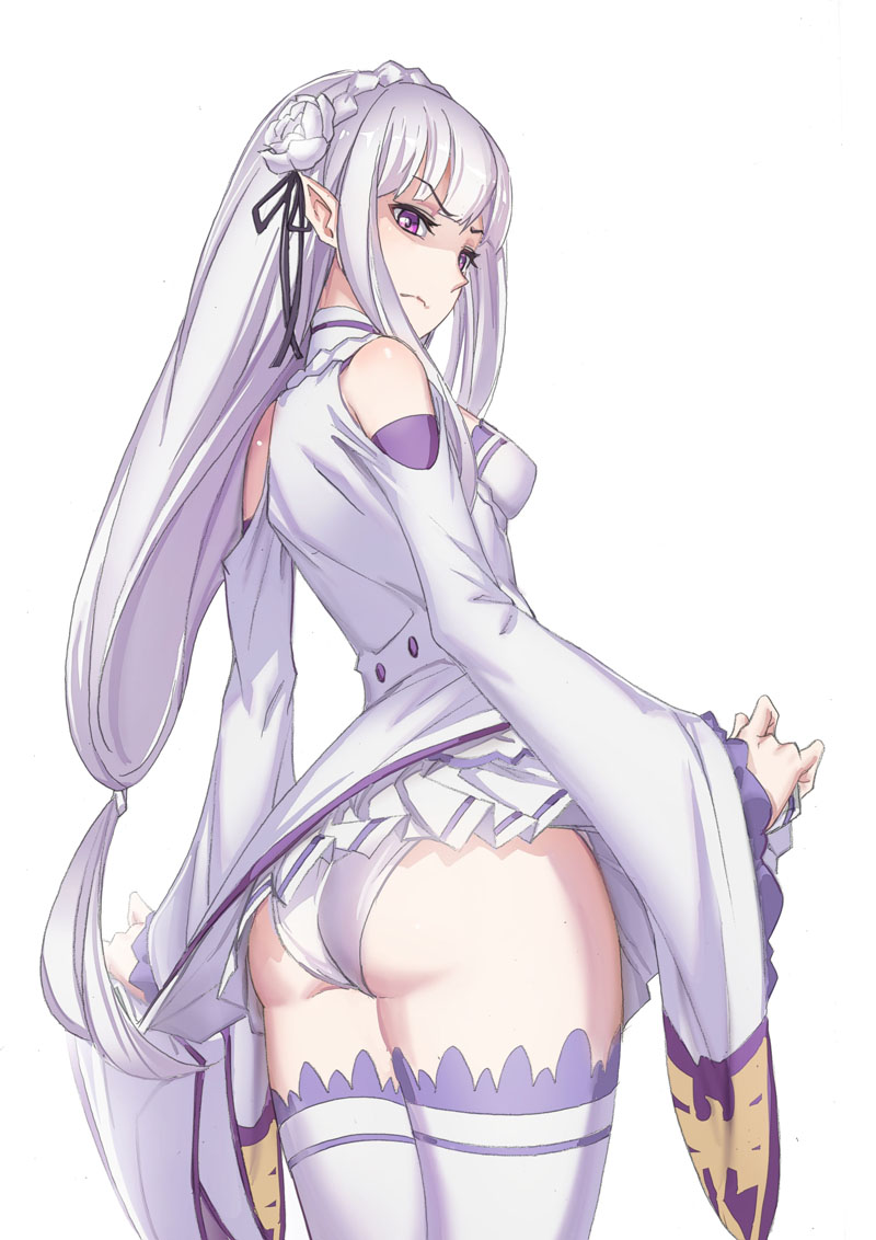 ass, elf, elf ears, emilia (re:zero), female, flashing, frown, looking at viewer, looking back, looking down, panties, pointy ears, re:zero kara hajimeru isekai seikatsu