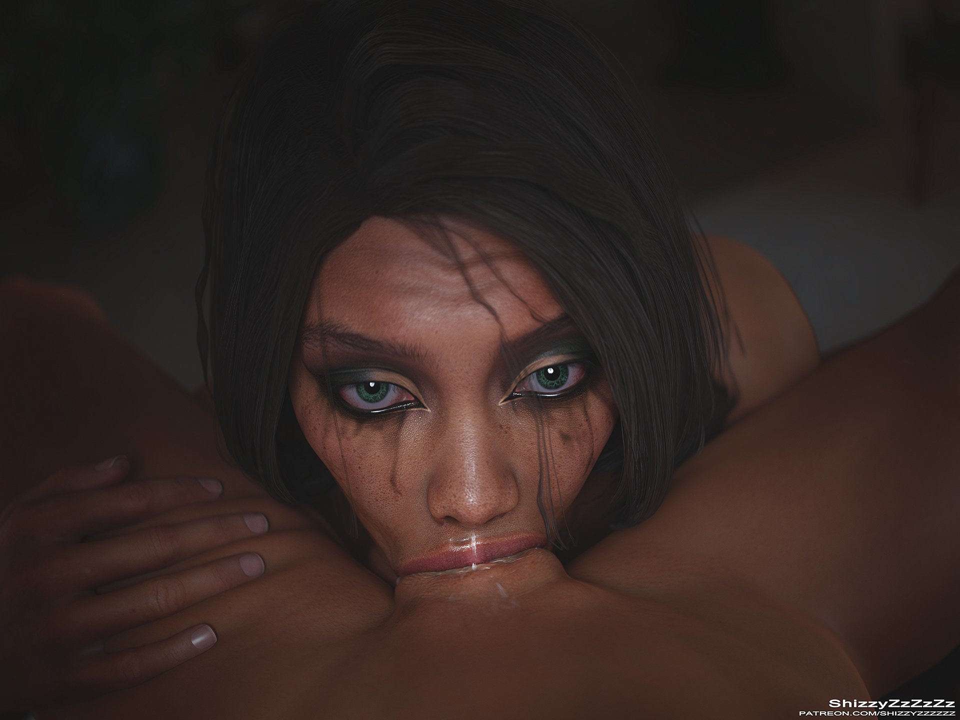 1futa, 1girls, 3d, athletic, athletic female, blowjob, deepthroat, erection, fellatio, female, futa with female, futanari, human, intersex, jade (mortal kombat), looking at viewer, mascara tears, mortal kombat, mortal kombat 11, nude, oral, penis, pov, running mascara, runny makeup, shizzyzzzzzz, tanya (mortal kombat)