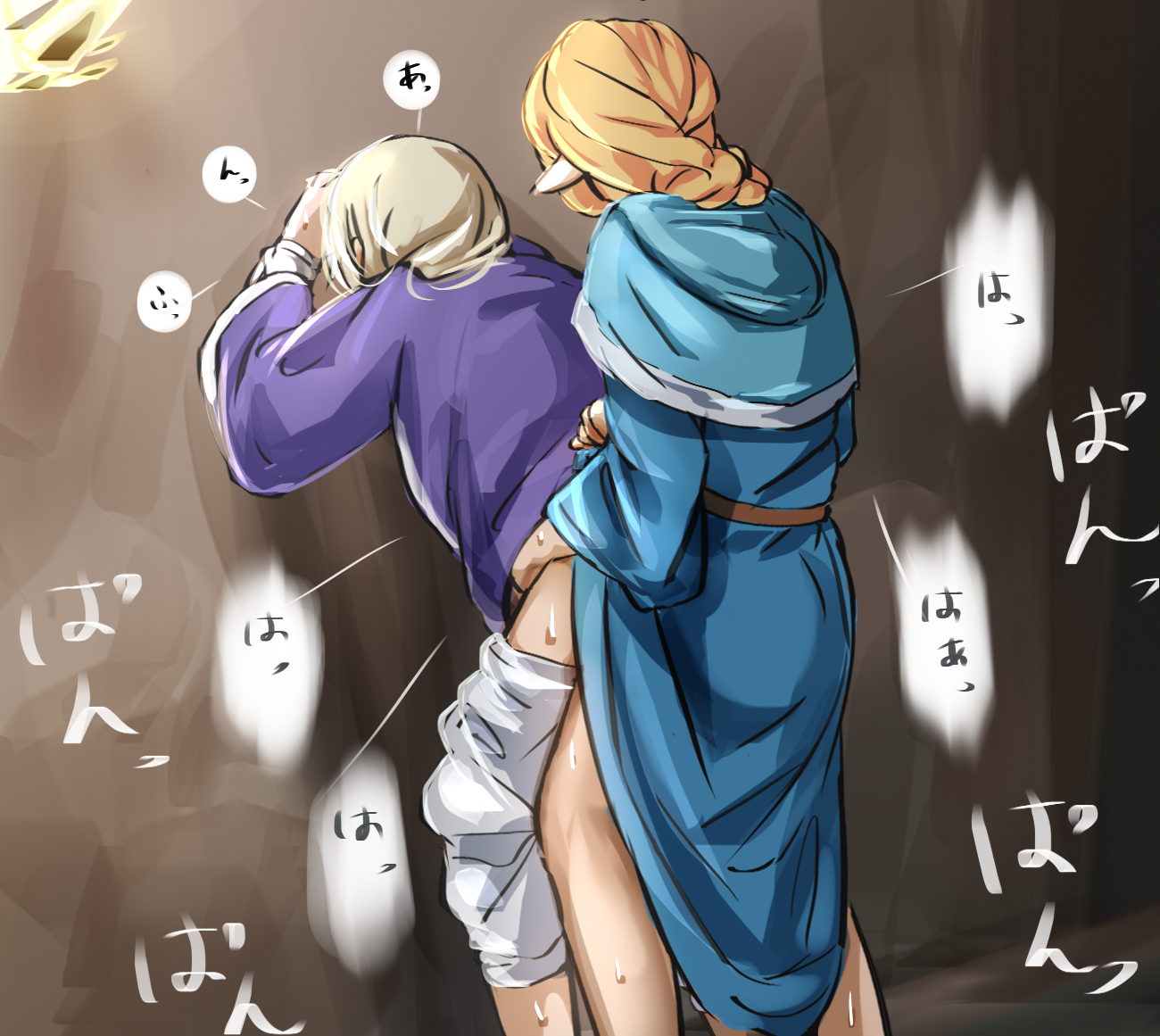 1futa, 1girls, blonde hair, braid, braided hair, clothed female, clothed sex, clothing, clothing aside, color, doggy style, dungeon meshi, elf, elf ears, elf female, falin touden, female, femsub, futa on female, futanari, human, implied futa, intersex, light skin, light-skinned female, marcille donato, mature futa, moaning, older futa, pointy ears, raitaroo, sex, sex from behind, speech bubble, younger female