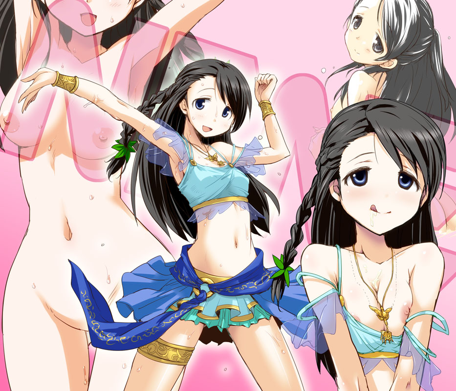 :q areola_slip areolae armpits arms_up bare_shoulders black_hair blue_eyes braid breast_slip breasts censored character_sheet cleavage convenient_censoring crop_top dancer female head_out_of_frame hirowa_nagi idolmaster idolmaster_cinderella_girls jewelry kurihara_nene long_hair looking_back medium_breasts midriff naughty_face navel necklace nipples nude off_shoulder one_breast_out_of_clothes semen side_braid small_breasts smile strap_slip suggestive_fluid sweat teenager tied_hair tongue tongue_out wardrobe_malfunction