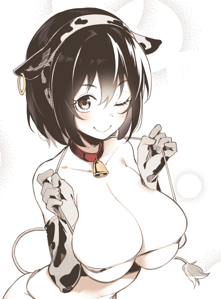 ;) animal_ears animal_print asutora bell black_hair blush breasts brown_eyes closed_mouth collar collarbone commentary_request cow_ears cow_print cow_tail elbow_gloves fake_animal_ears female female gloves highres large_breasts looking_at_viewer neck_bell one_eye_closed original red_collar short_hair smile solo tail upper_body