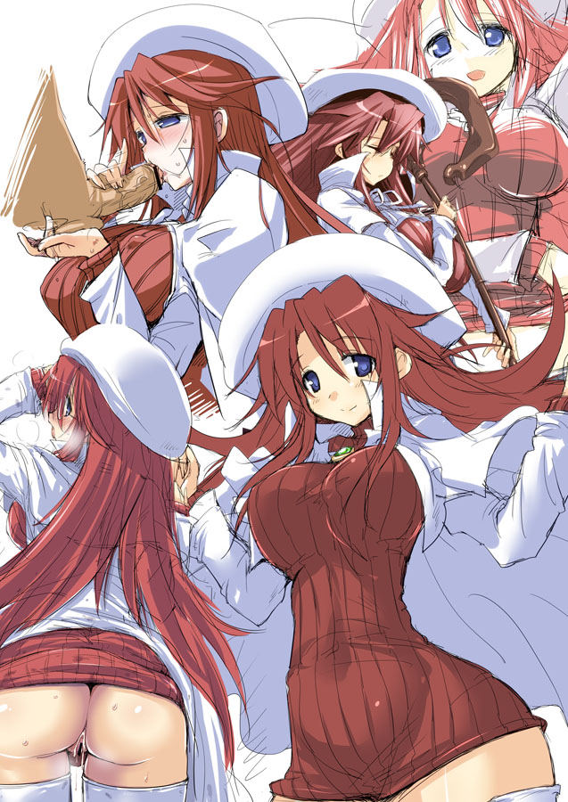 ass aty blue_eyes blush female hat hirowa_nagi labcoat large_breasts long_hair no_panties open_mouth oral pussy_juice red_hair staff straight summon_night summon_night_3 sweater