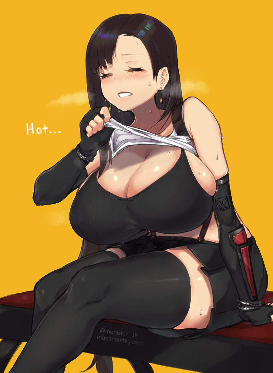 1girls, 2022, blush, breasts, brown hair, cleavage, closed eyes, dialogue, english text, female, female only, final fantasy, final fantasy vii, final fantasy vii remake, hips, huge breasts, magister (bigbakunyuu), short skirt, simple background, skirt, slim waist, smile, sports bra, square enix, suspenders, sweat, sweaty body, sweaty breasts, tank top, text, thick thighs, thighhighs, thighs, tifa lockhart, top lift, visible breath, wide hips